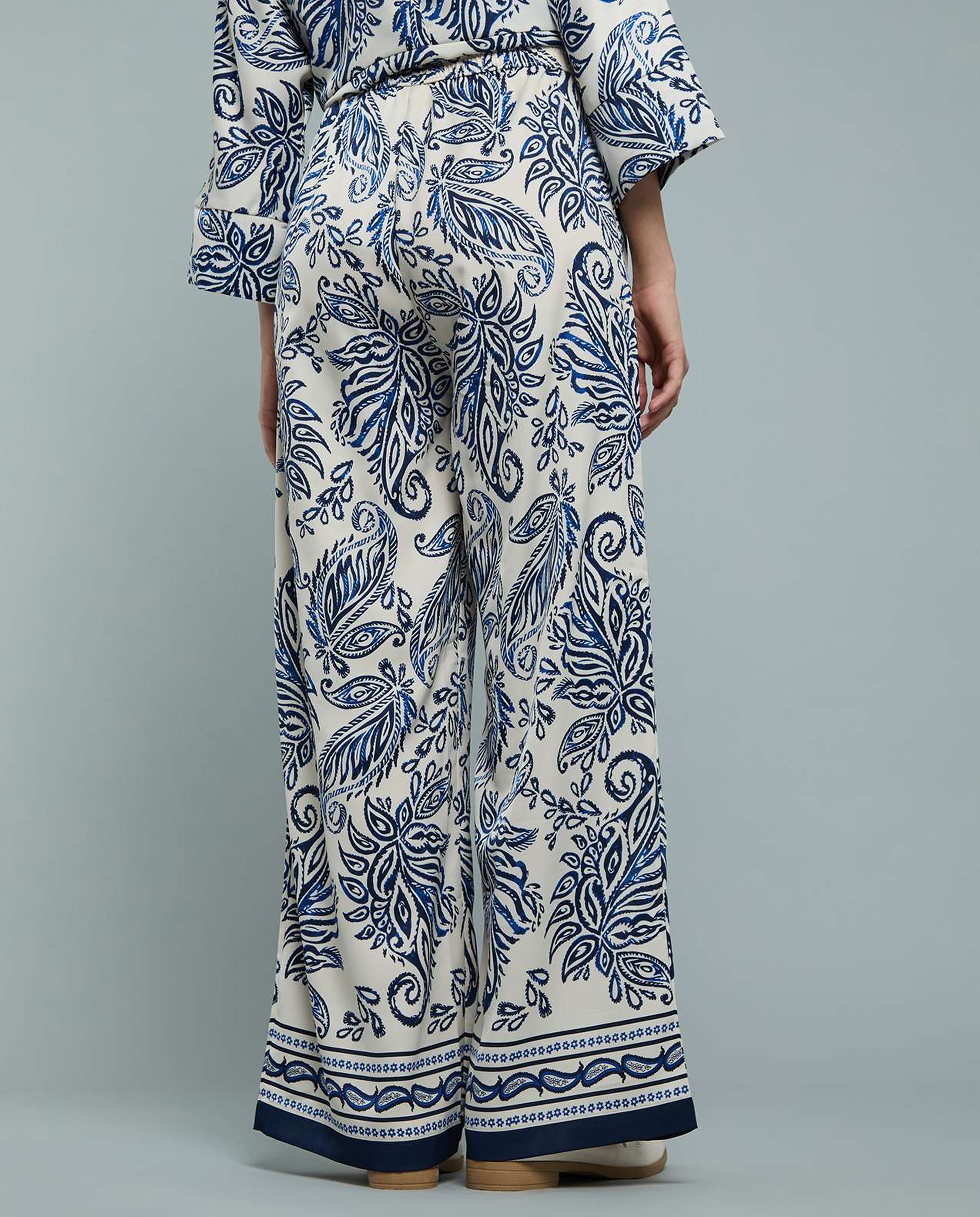 Patterned Satin Wide Leg Pants with Drawstring Waist