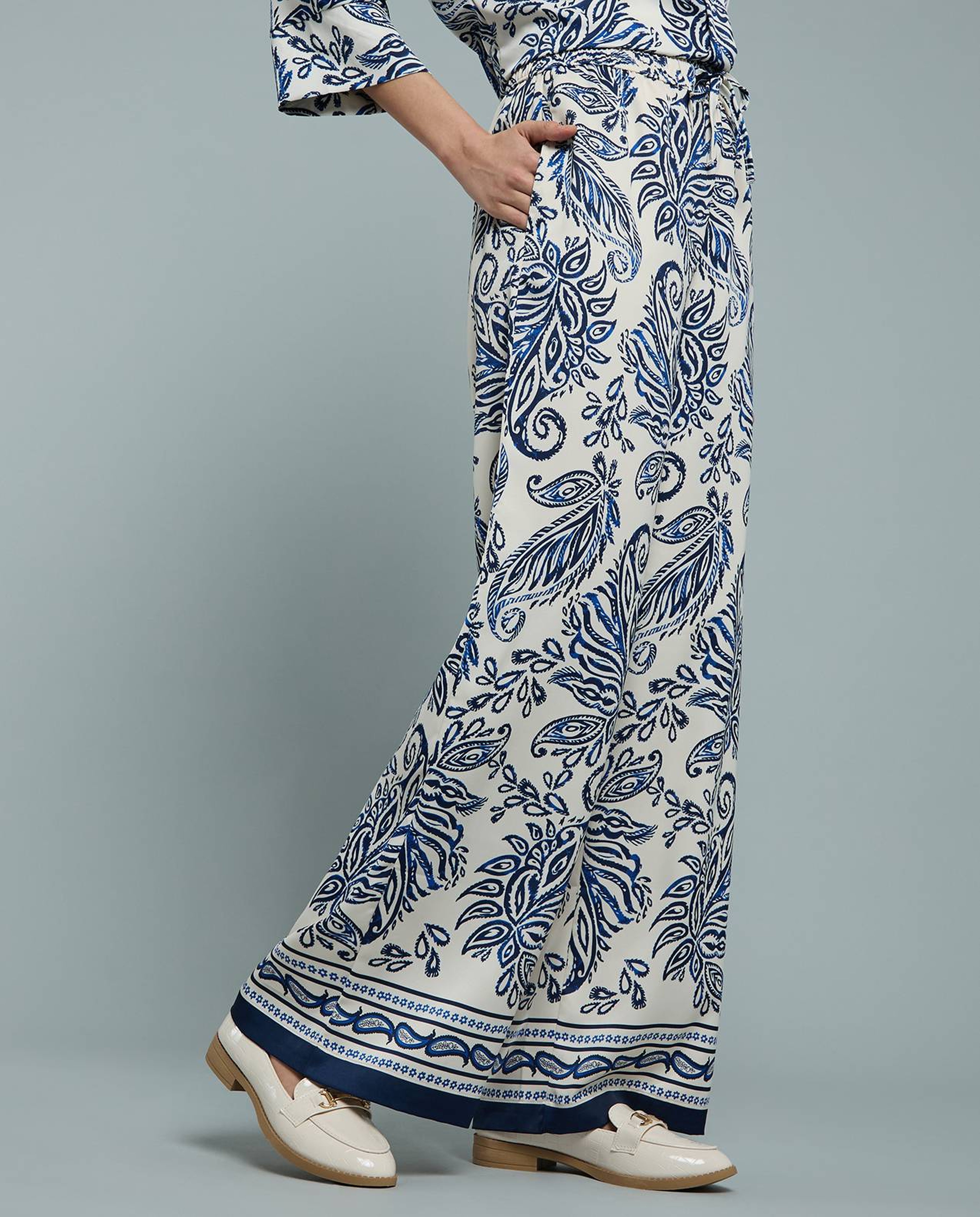 Patterned Satin Wide Leg Pants with Drawstring Waist