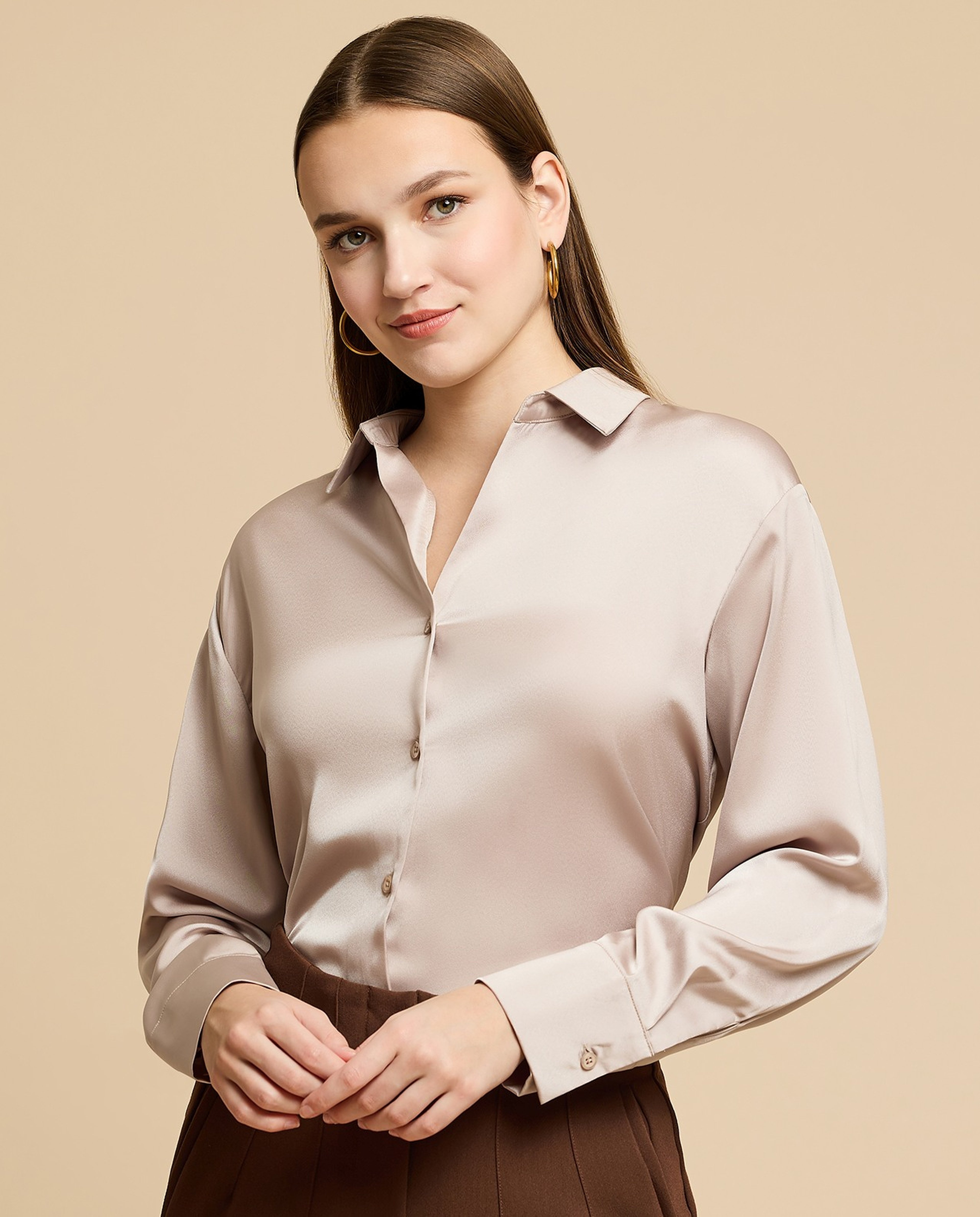 Solid Satin Shirt with Classic Collar and Long Sleeves