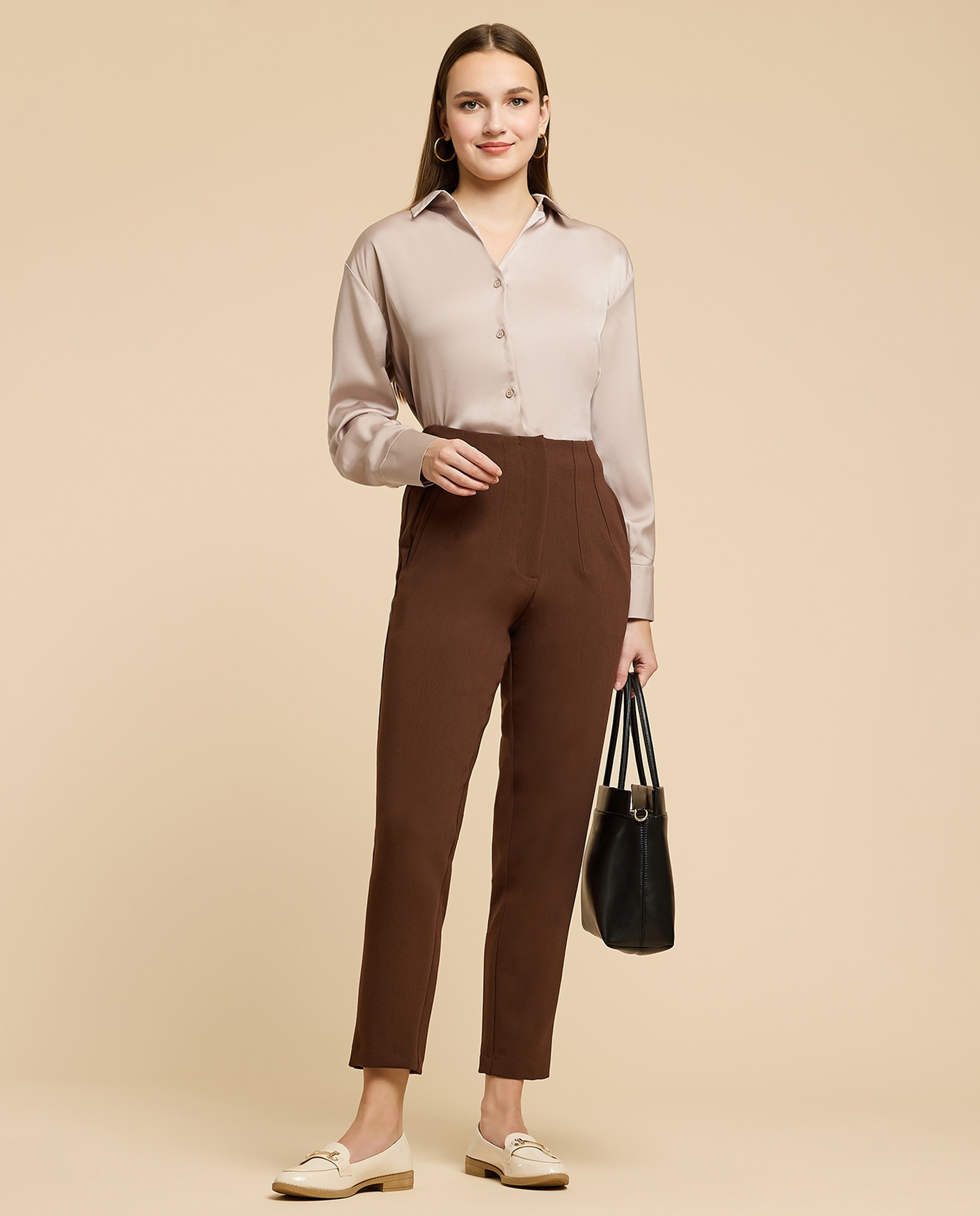 Solid Satin Shirt with Classic Collar and Long Sleeves