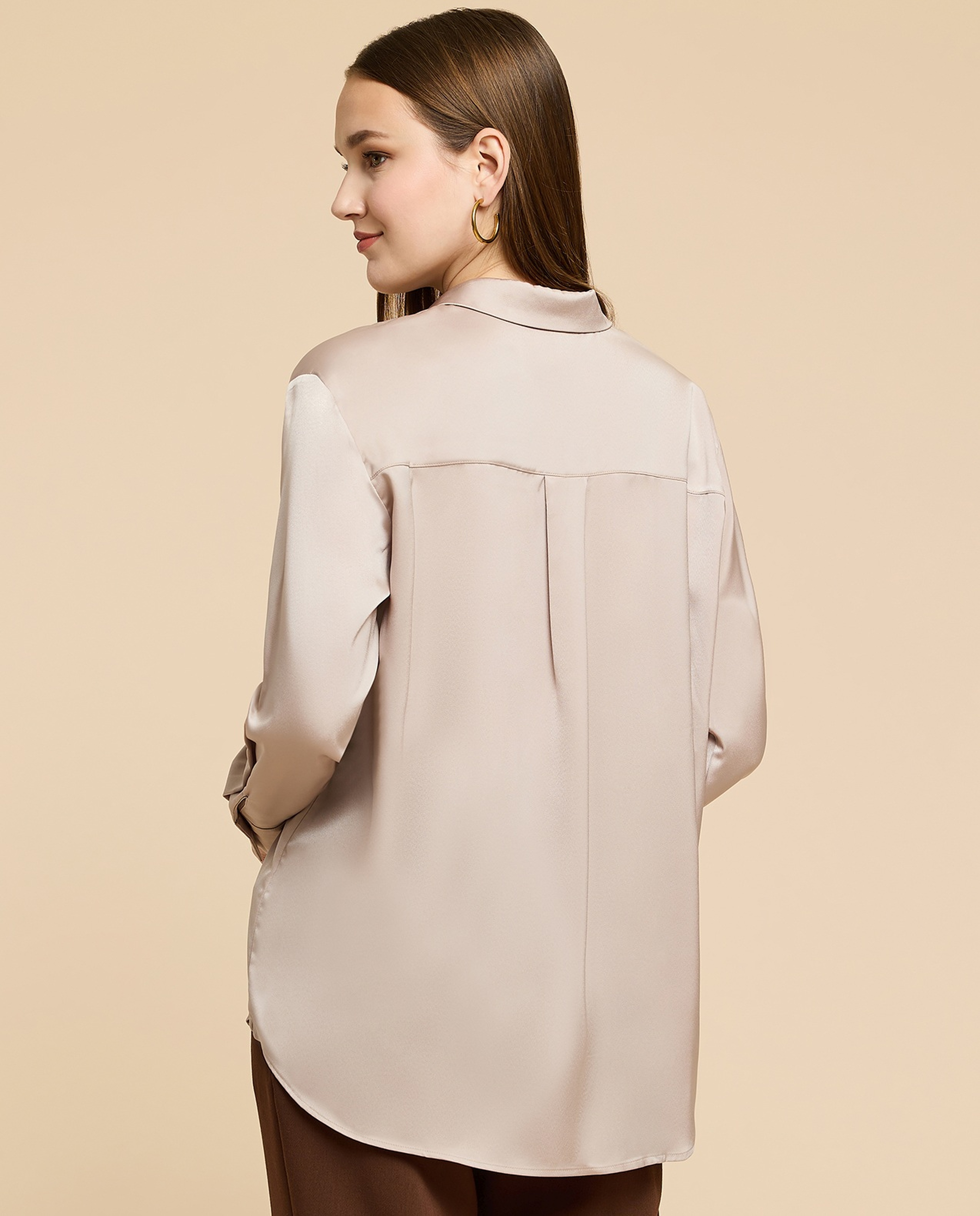 Solid Satin Shirt with Classic Collar and Long Sleeves