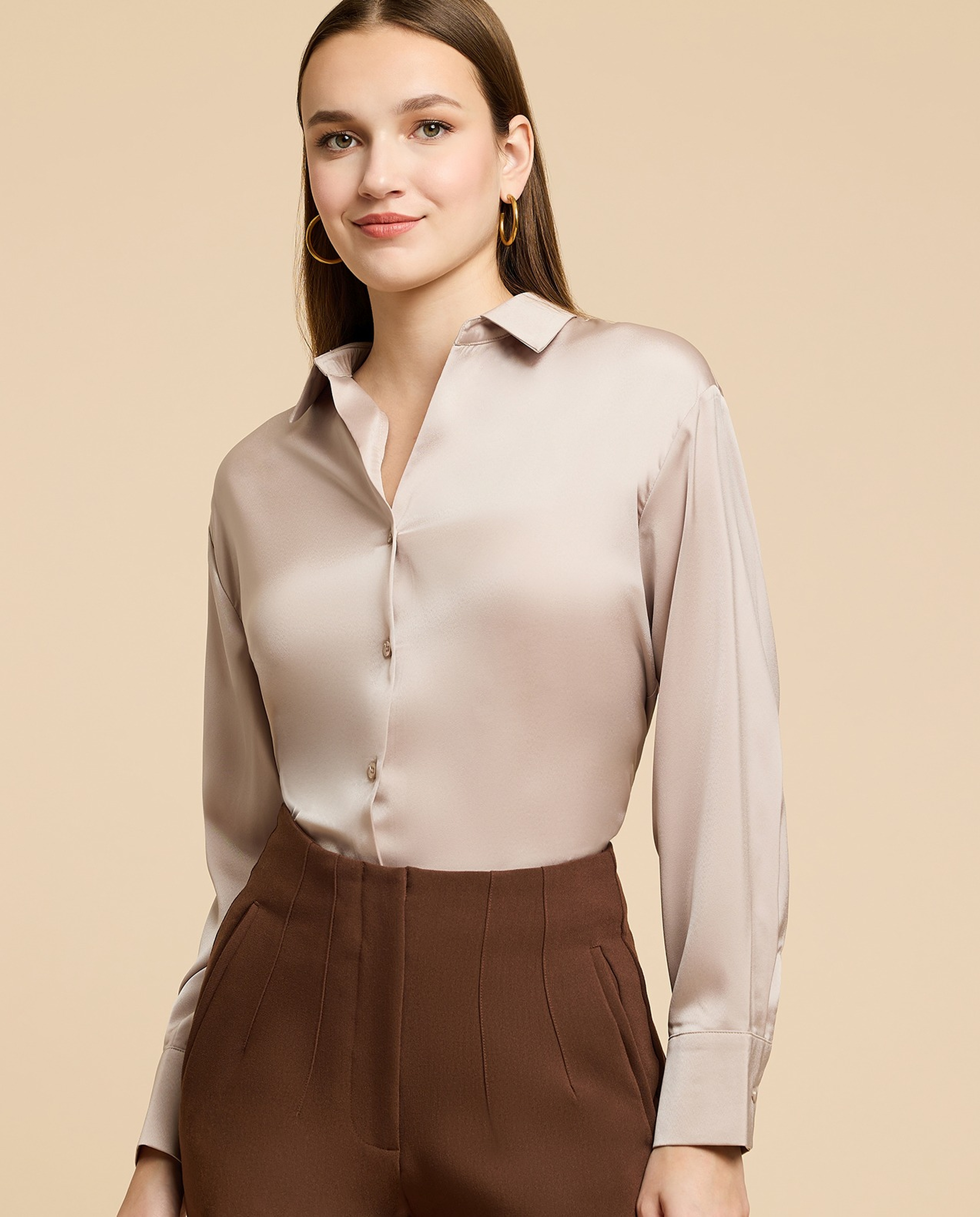 Solid Satin Shirt with Classic Collar and Long Sleeves