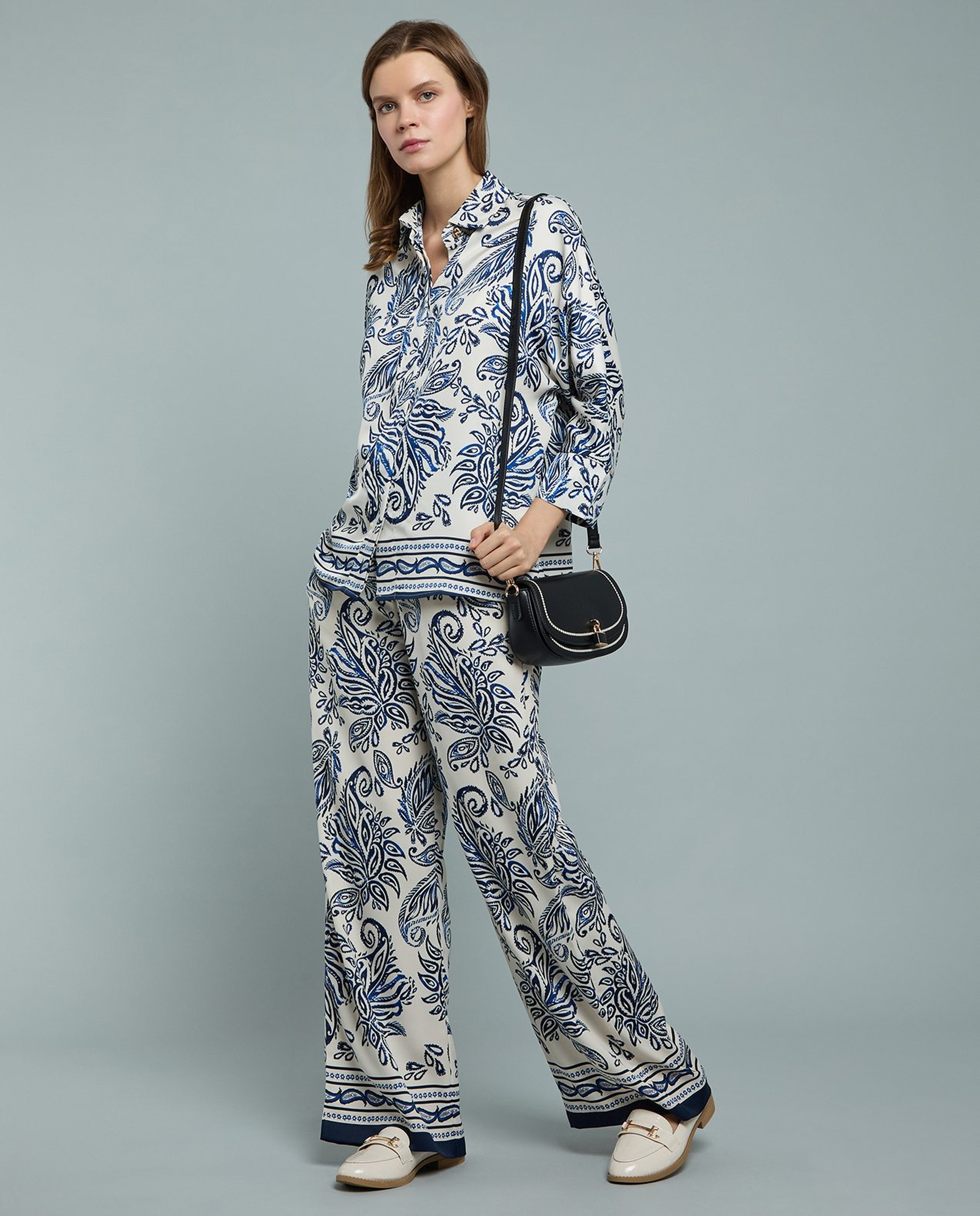 Patterned Satin Wide Leg Pants with Drawstring Waist