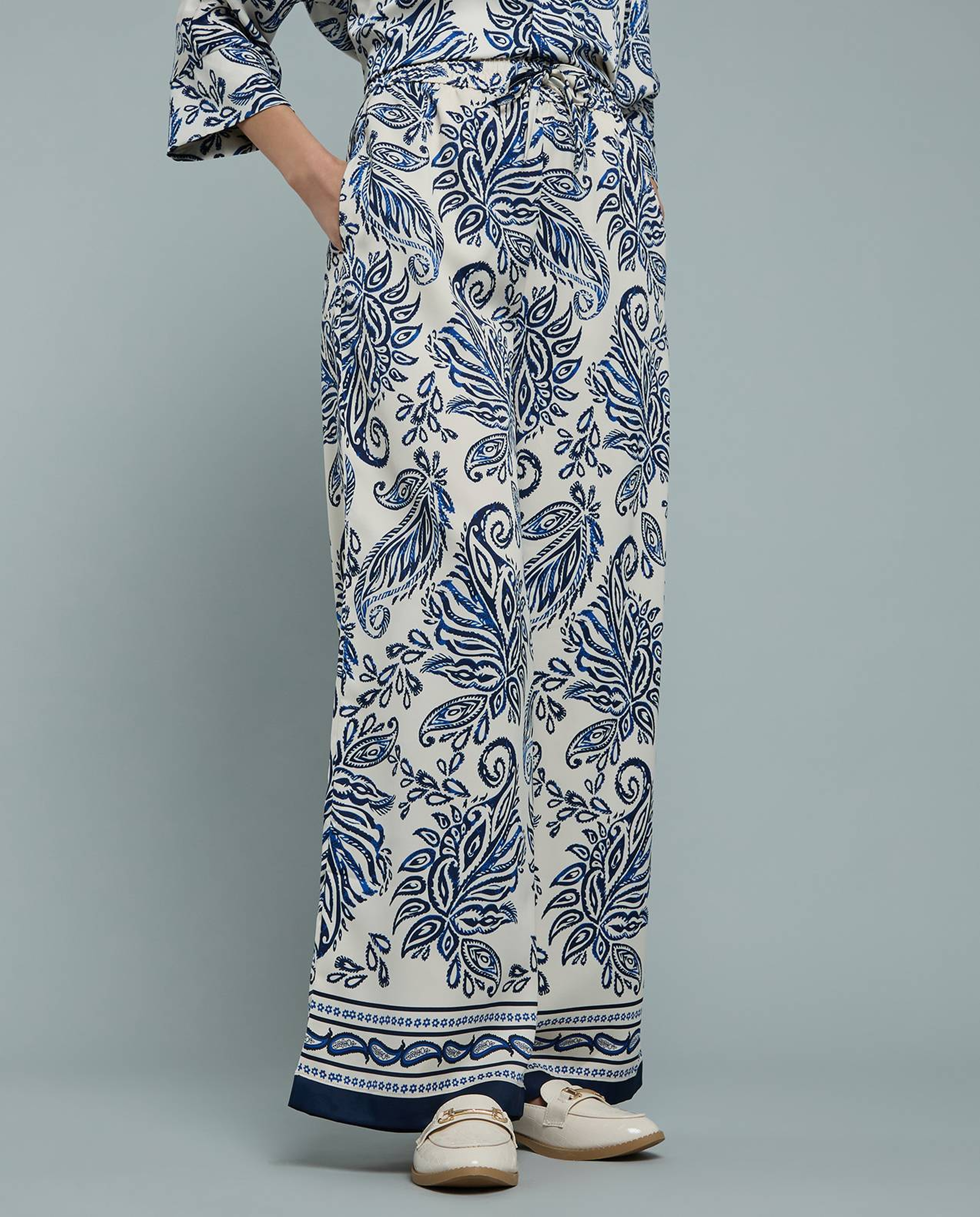 Patterned Satin Wide Leg Pants with Drawstring Waist