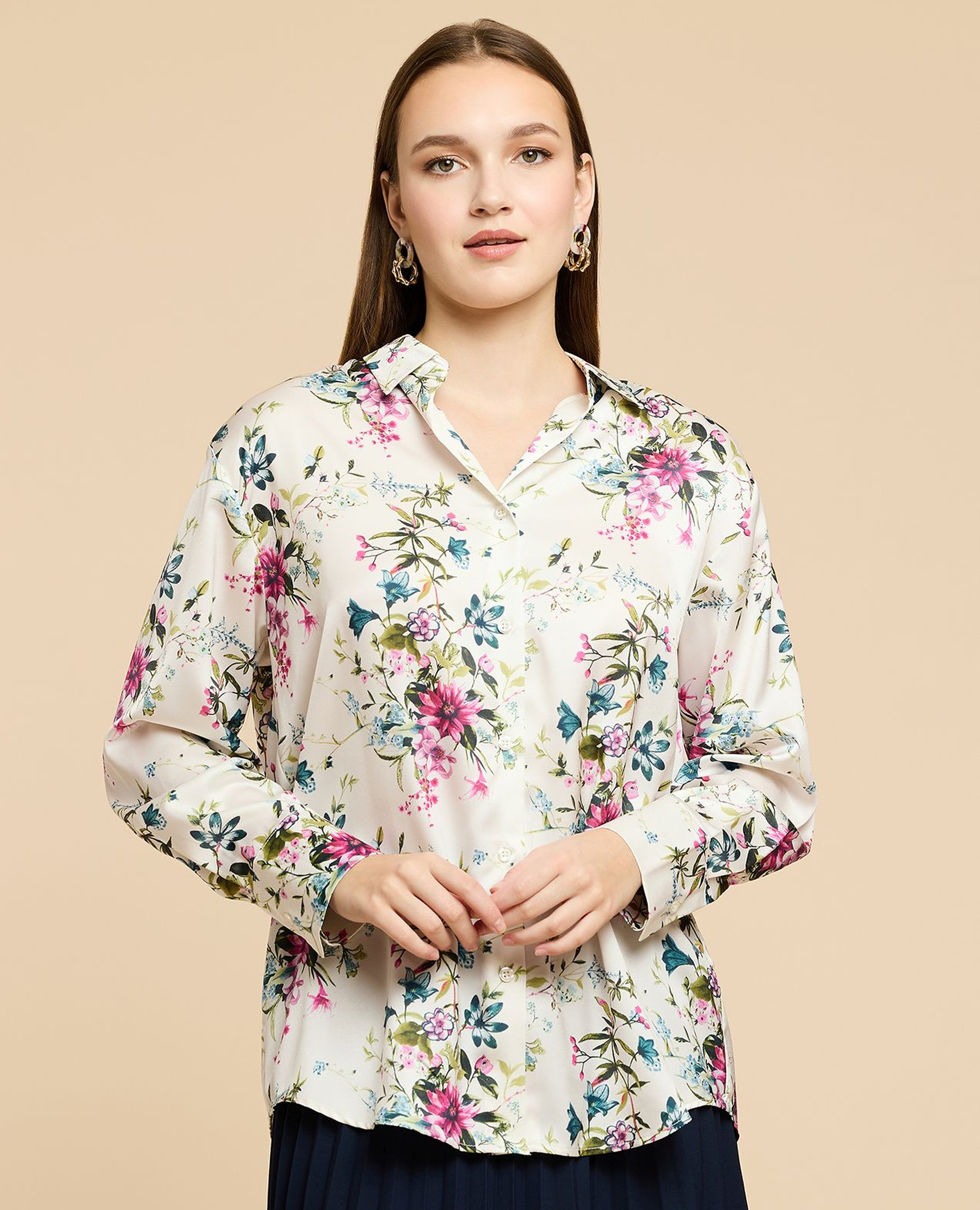 Printed Satin Shirt with Classic Collar and Long Sleeves
