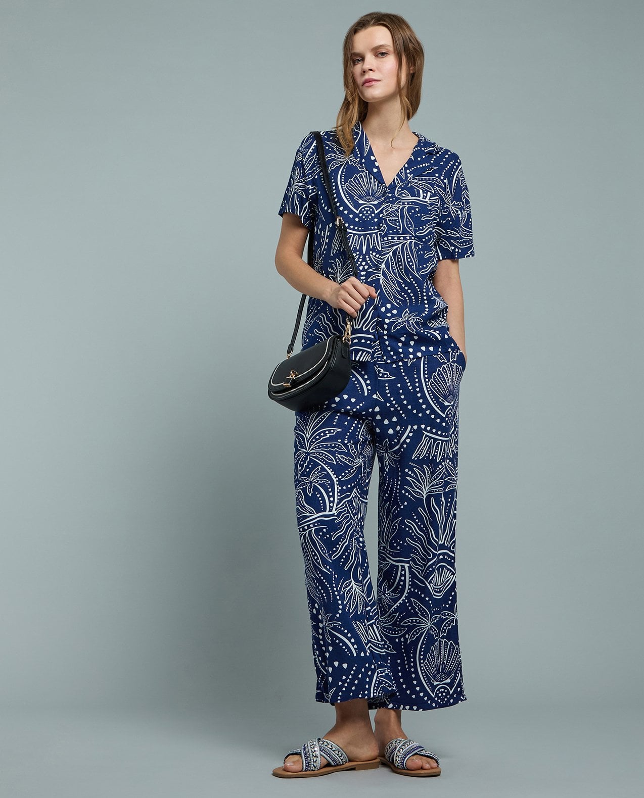 Patterned Shirt with Lapel Collar and Short Sleeves