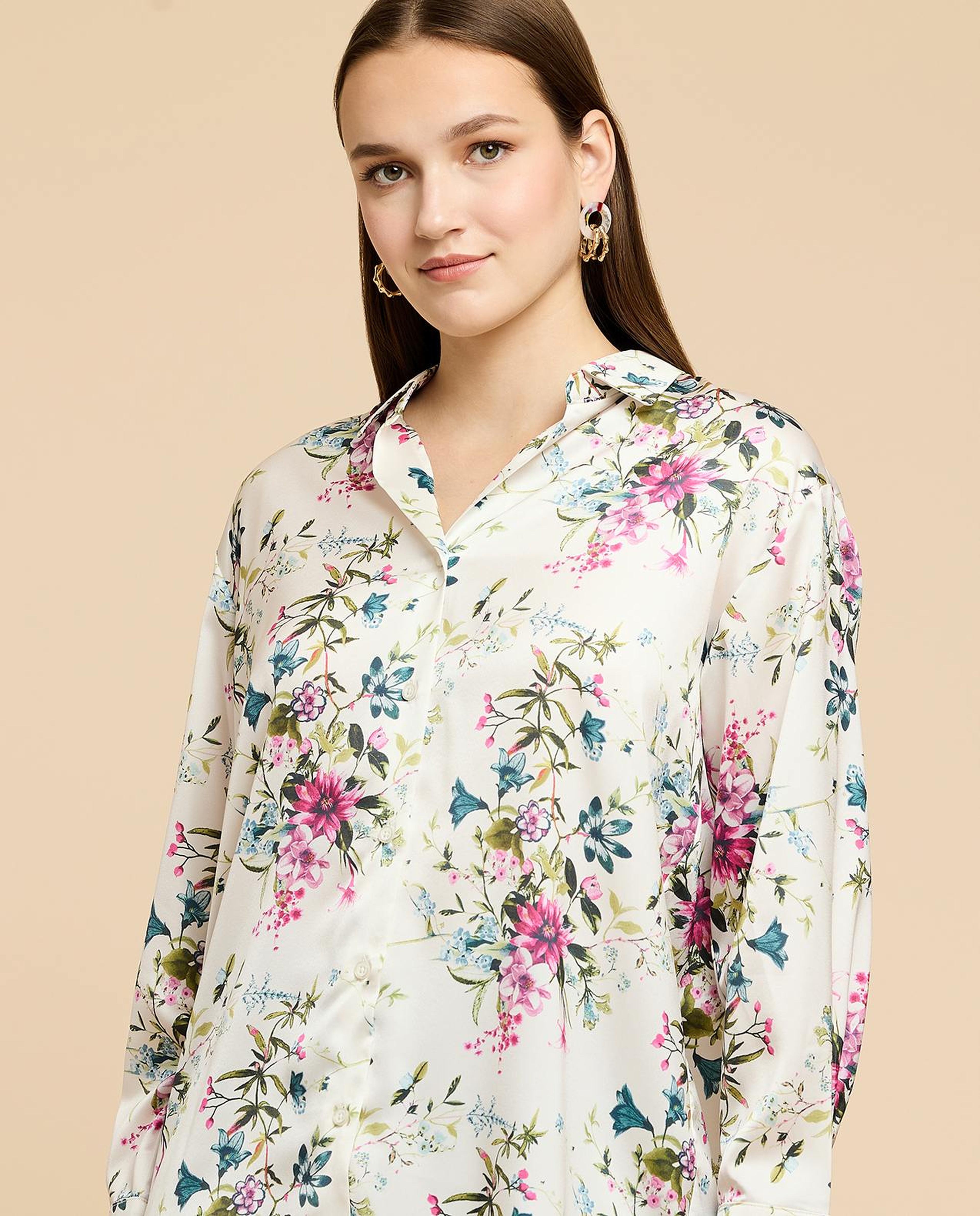 Printed Satin Shirt with Classic Collar and Long Sleeves