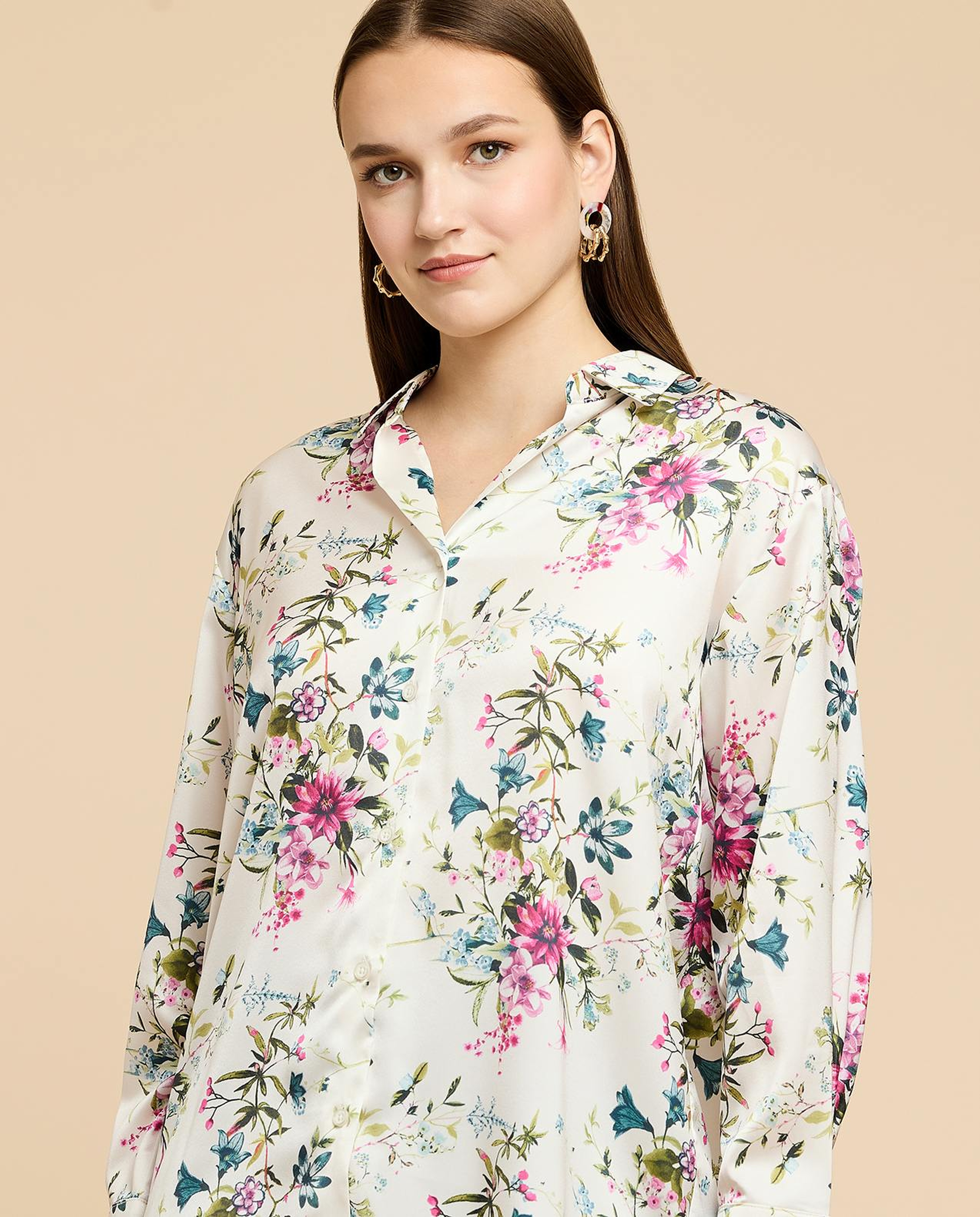 Printed Satin Shirt with Classic Collar and Long Sleeves