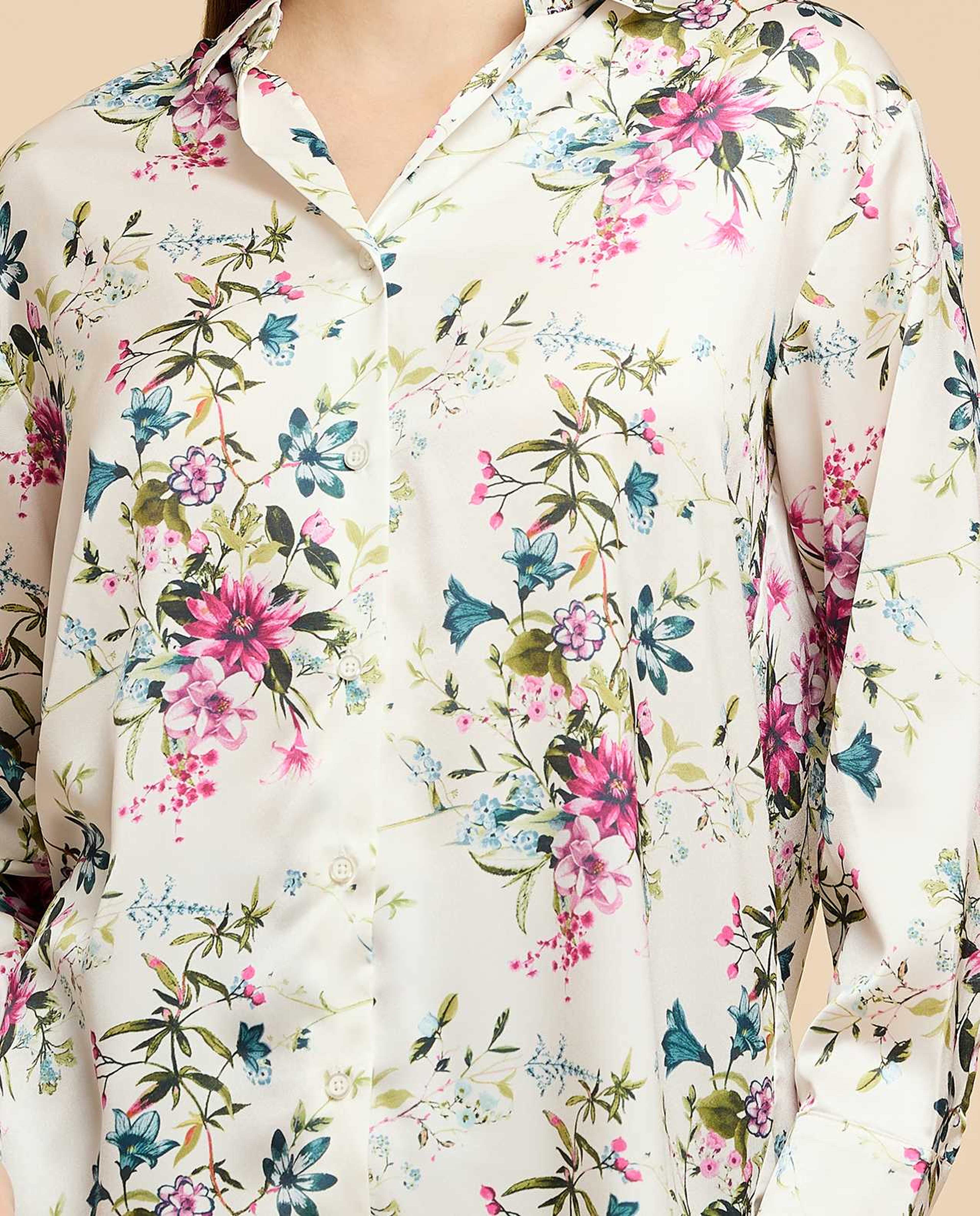 Printed Satin Shirt with Classic Collar and Long Sleeves