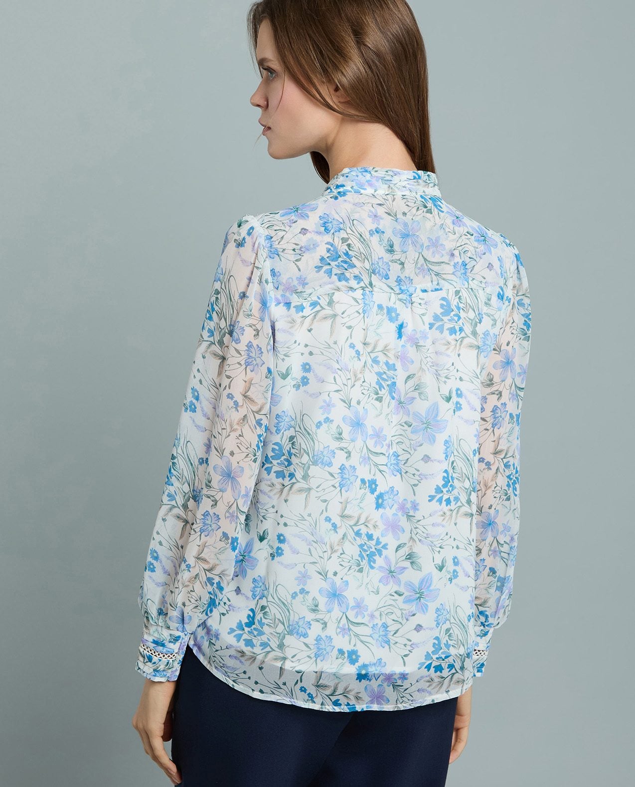 Printed Top with High Neck and Puff Sleeves