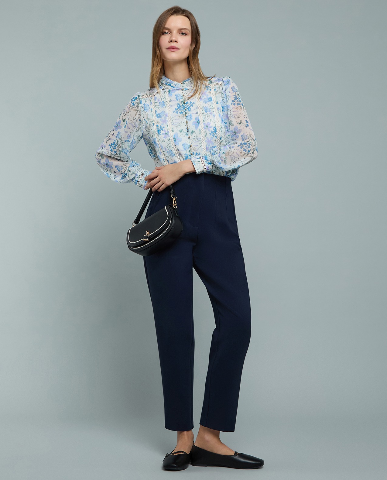 Printed Top with High Neck and Puff Sleeves