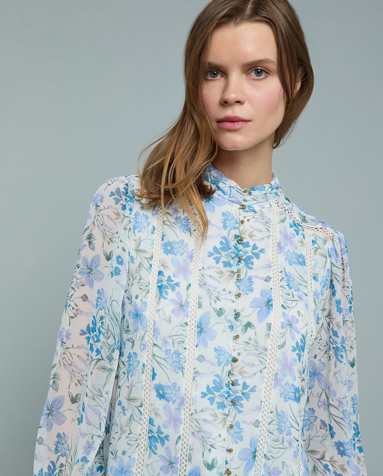 Printed Top with High Neck and Puff Sleeves