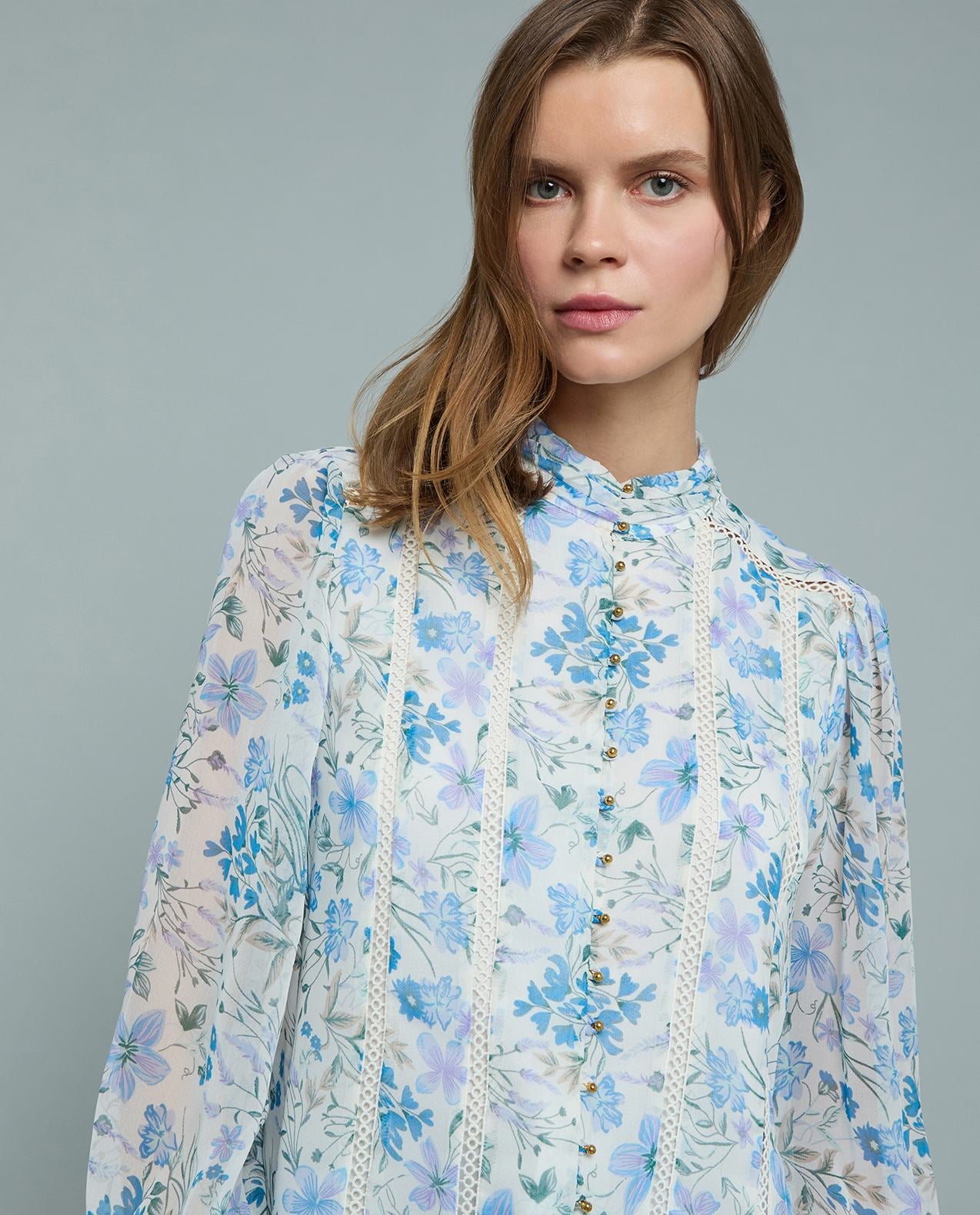 Printed Top with High Neck and Puff Sleeves