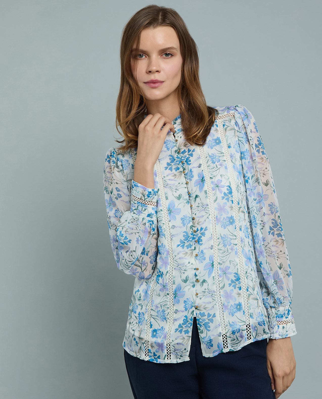 Printed Top with High Neck and Puff Sleeves