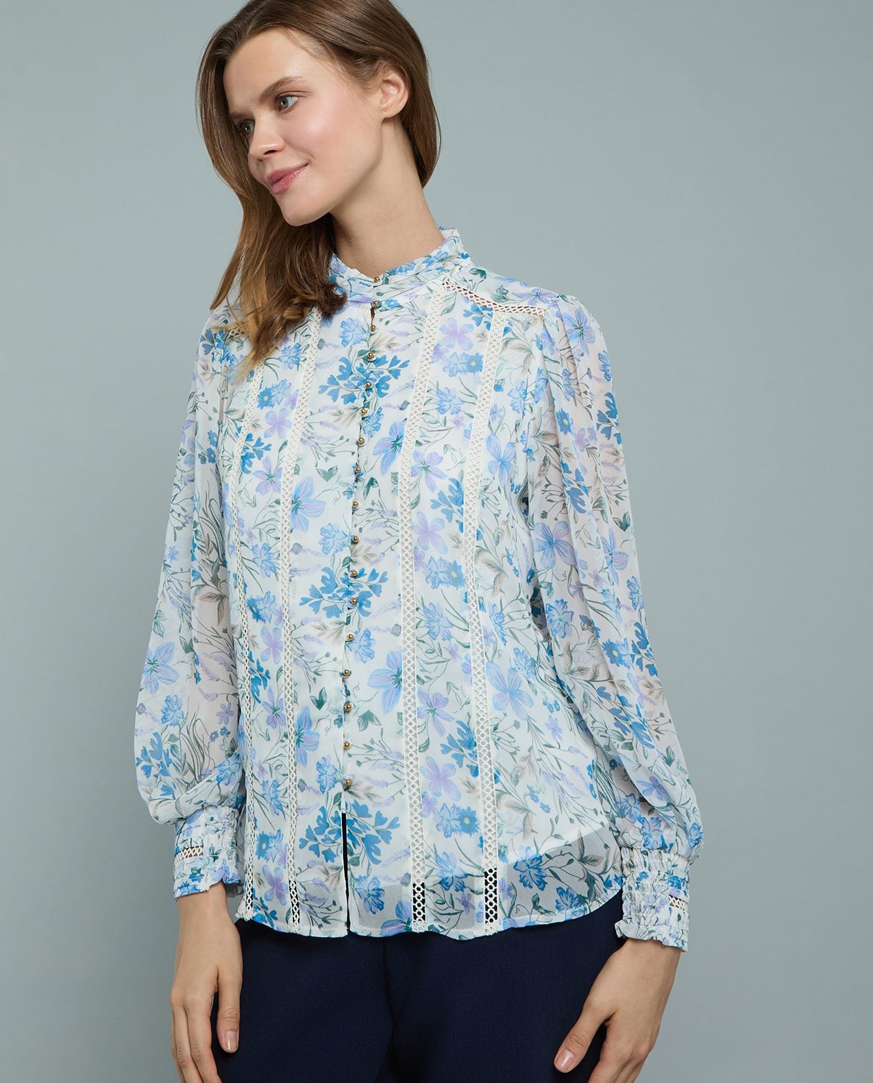 Printed Top with High Neck and Puff Sleeves