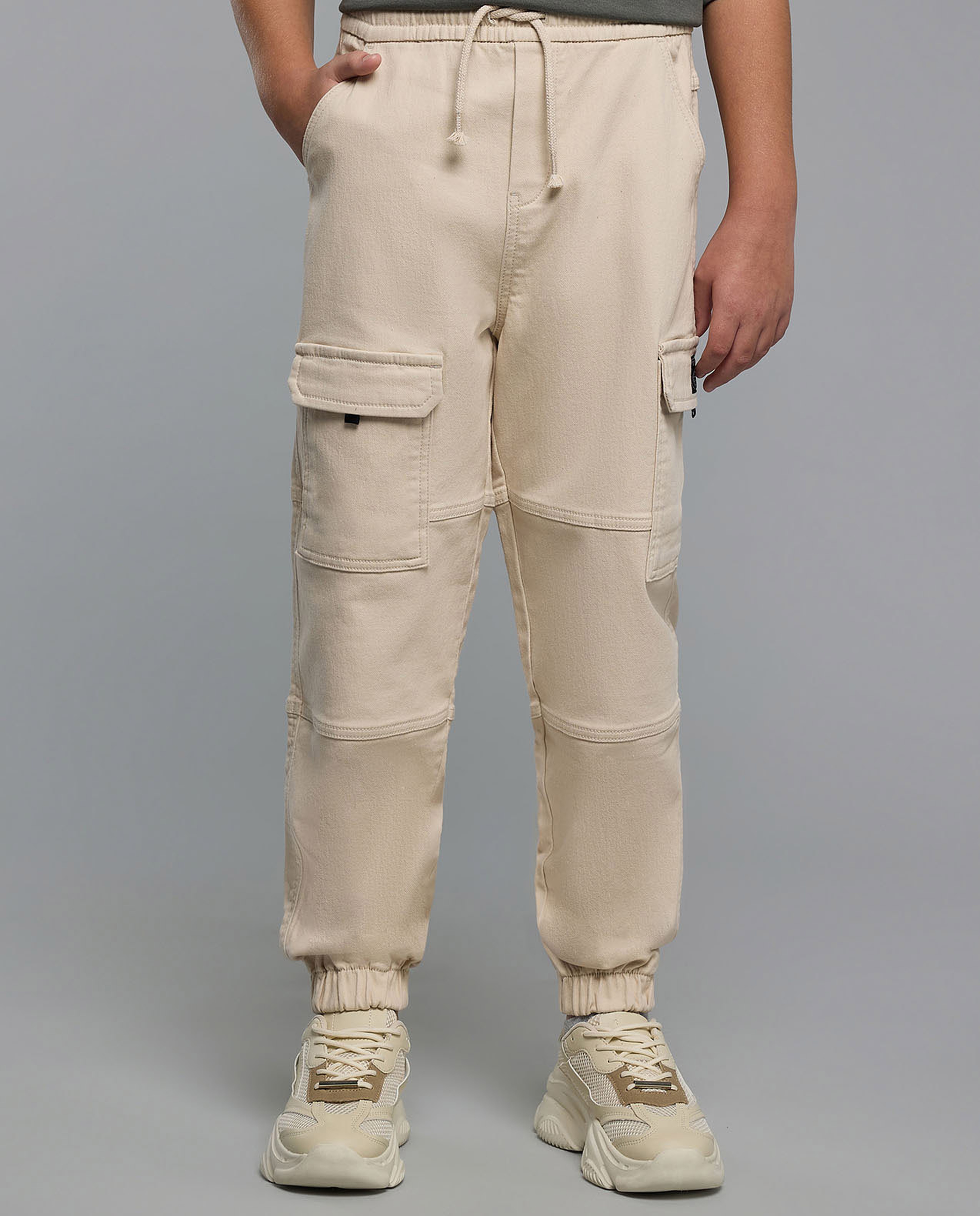 Solid Cargo Joggers with Drawstring Waist