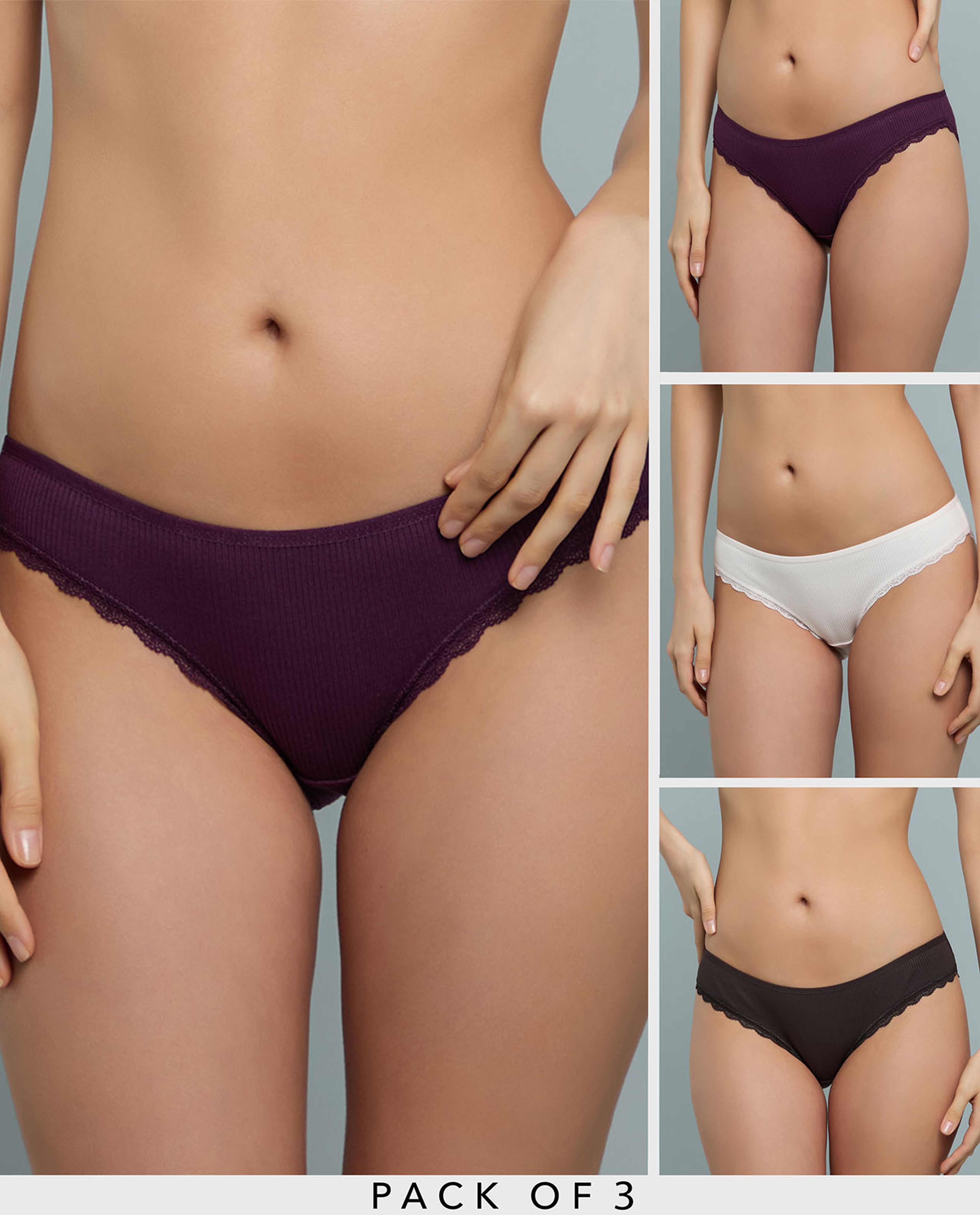 3 Pack Ribbed Bikini Briefs