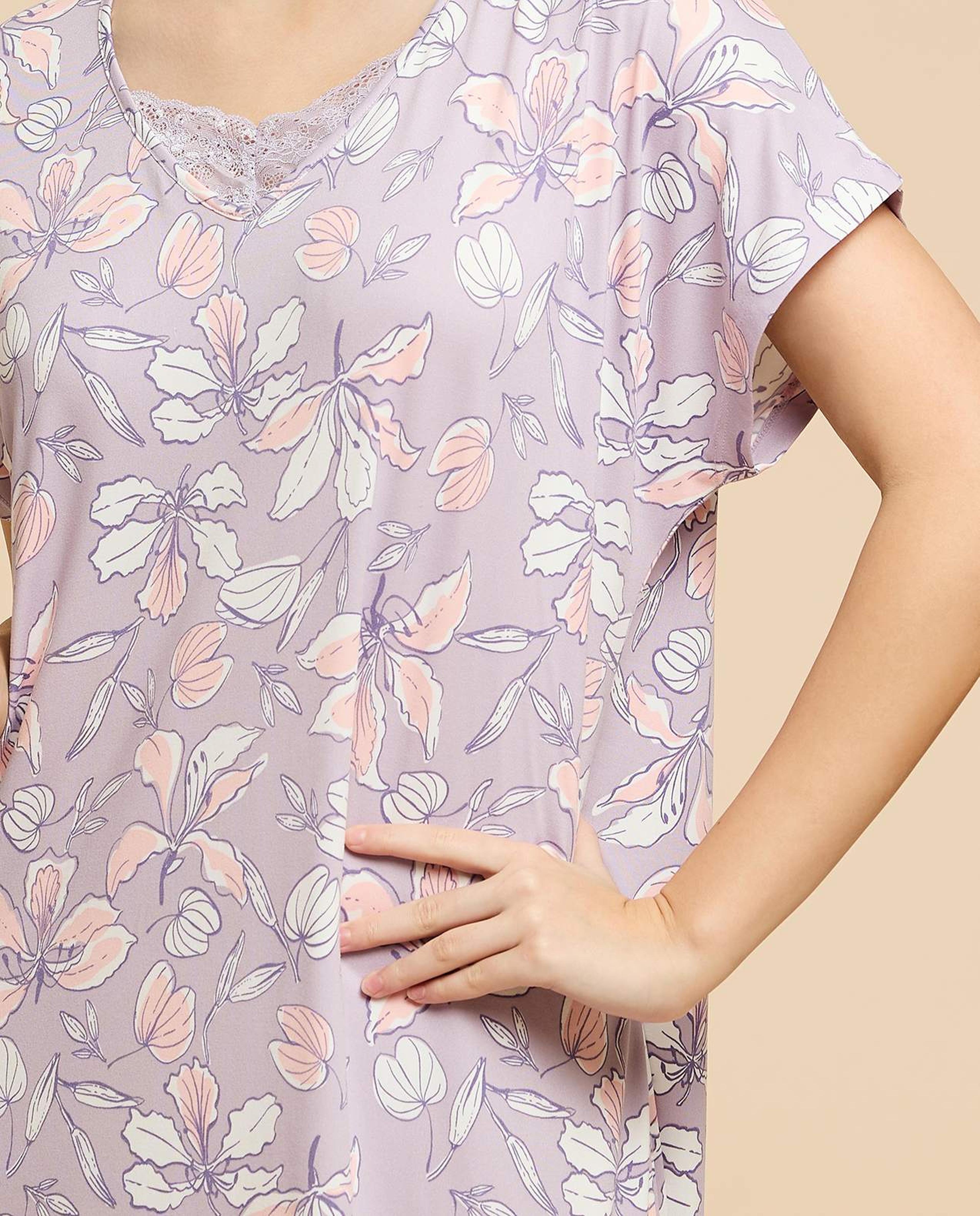 Printed Nightdress with V-Neck and Short Sleeves