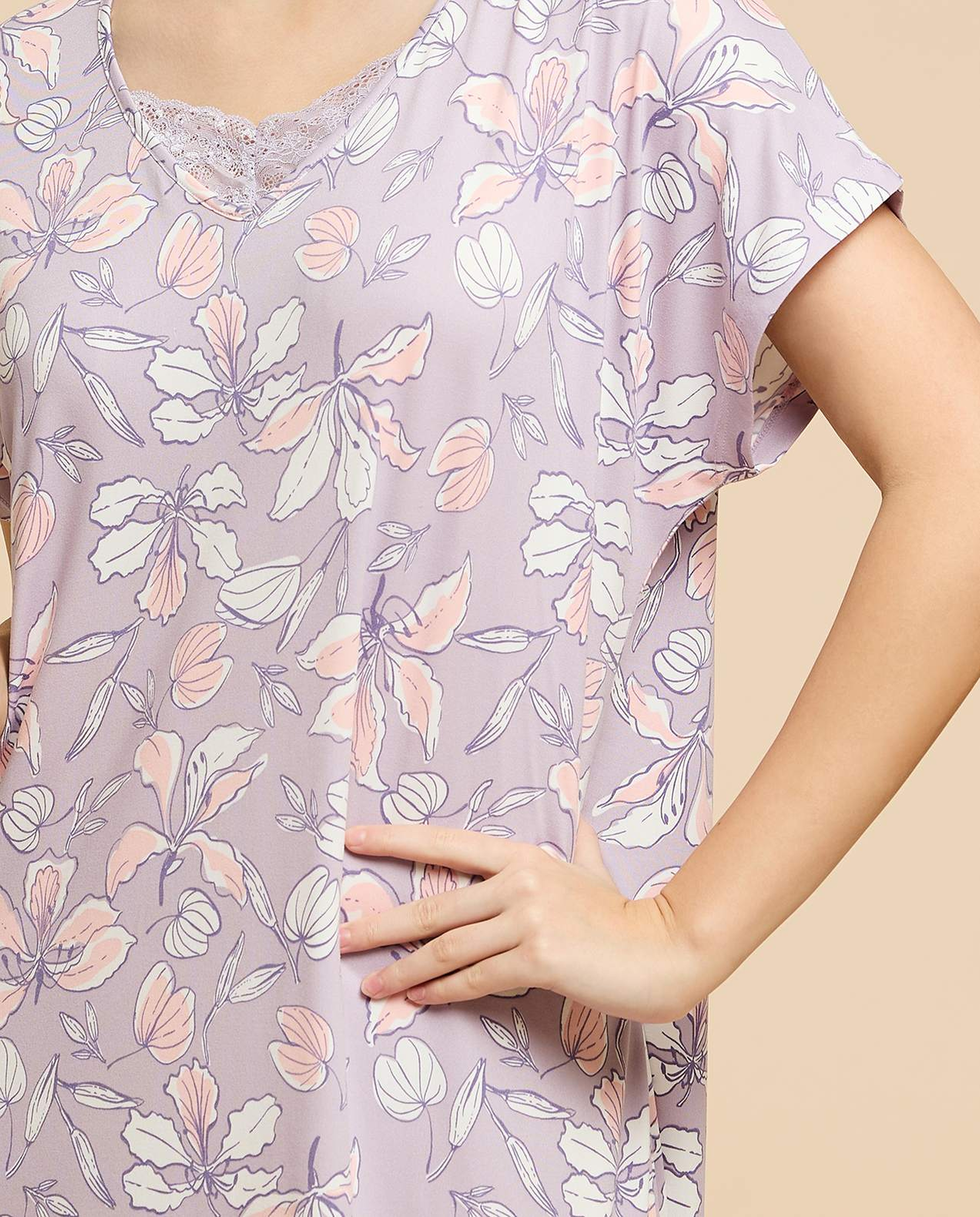 Printed Nightdress with V-Neck and Short Sleeves