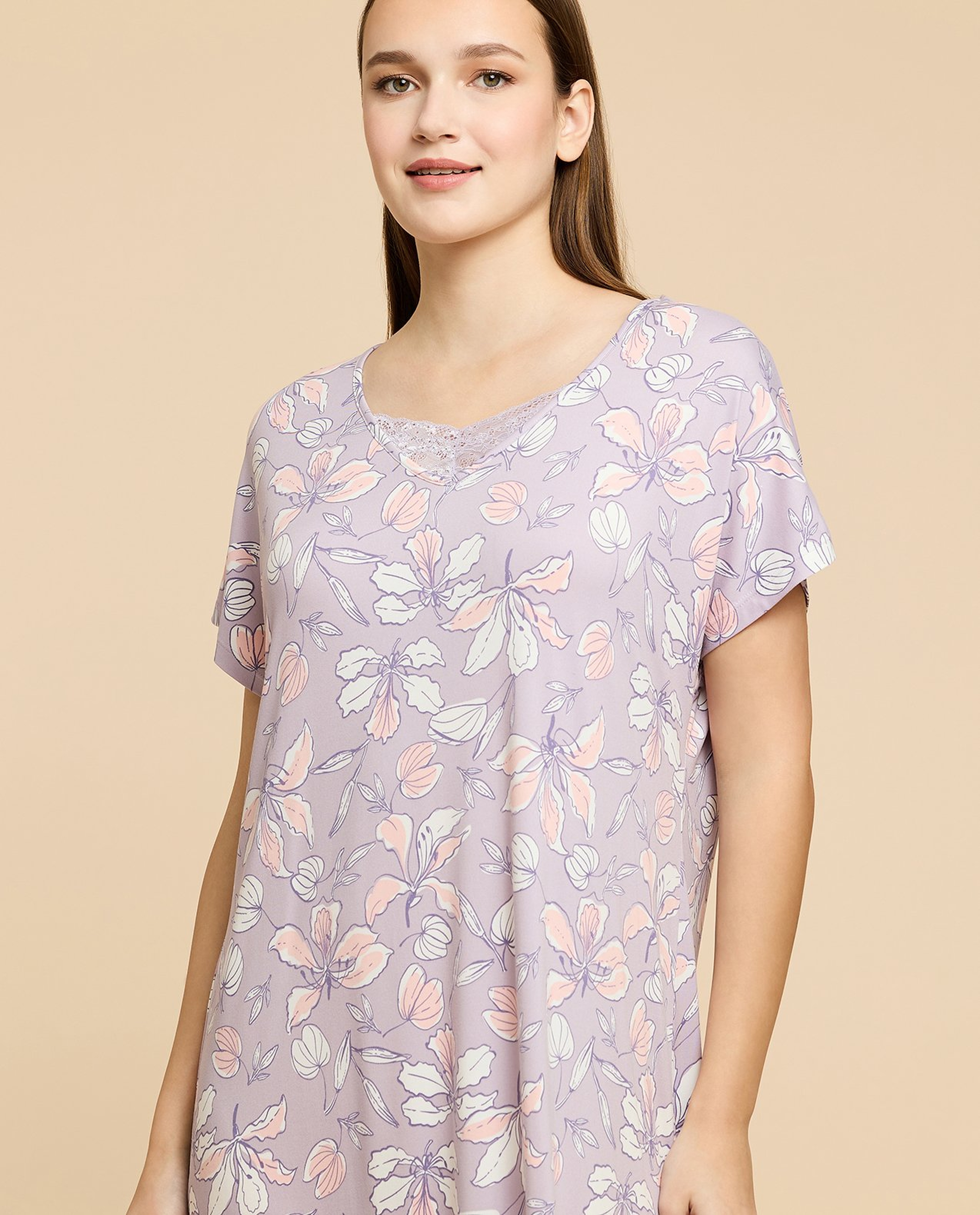 Printed Nightdress with V-Neck and Short Sleeves