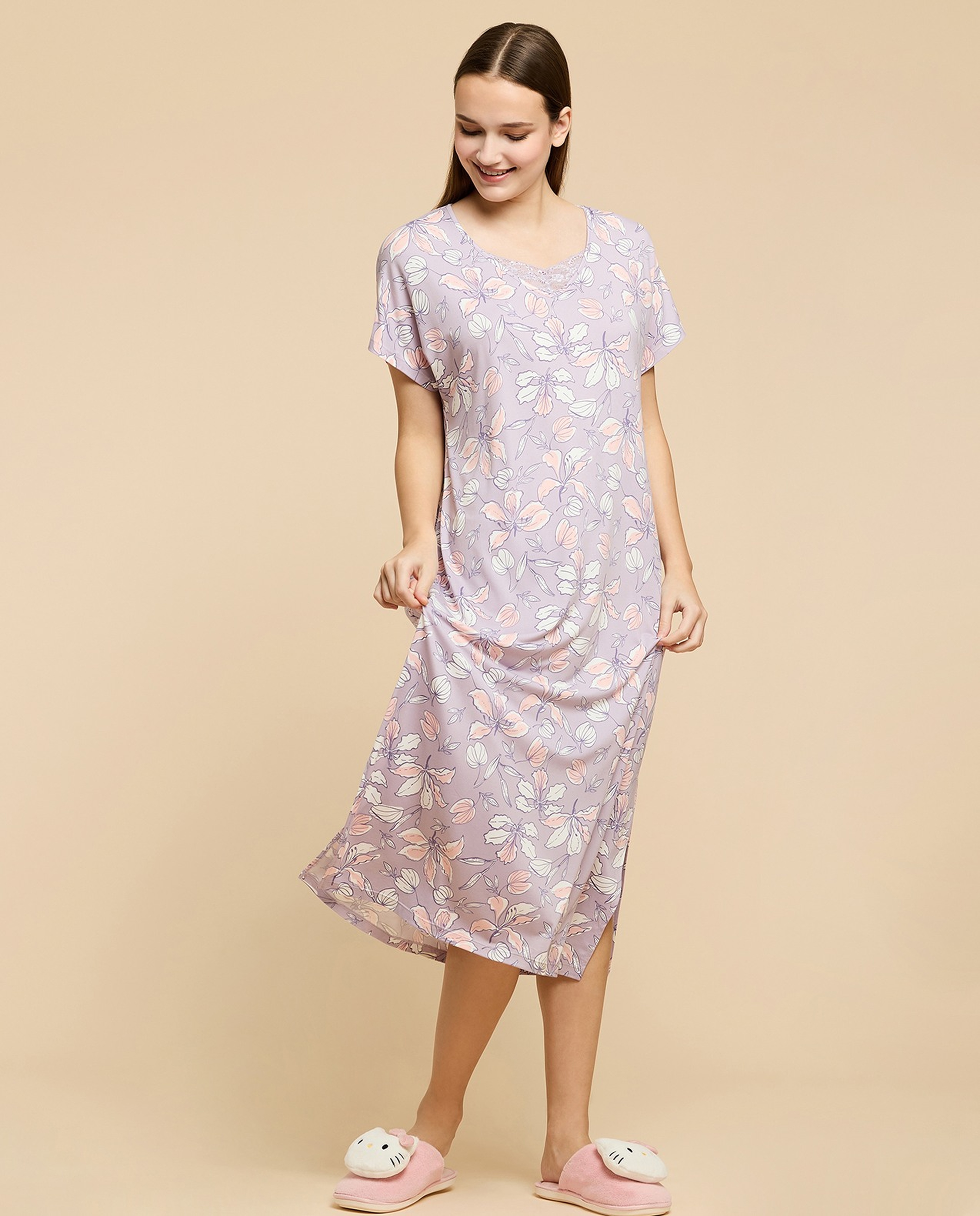 Printed Nightdress with V-Neck and Short Sleeves