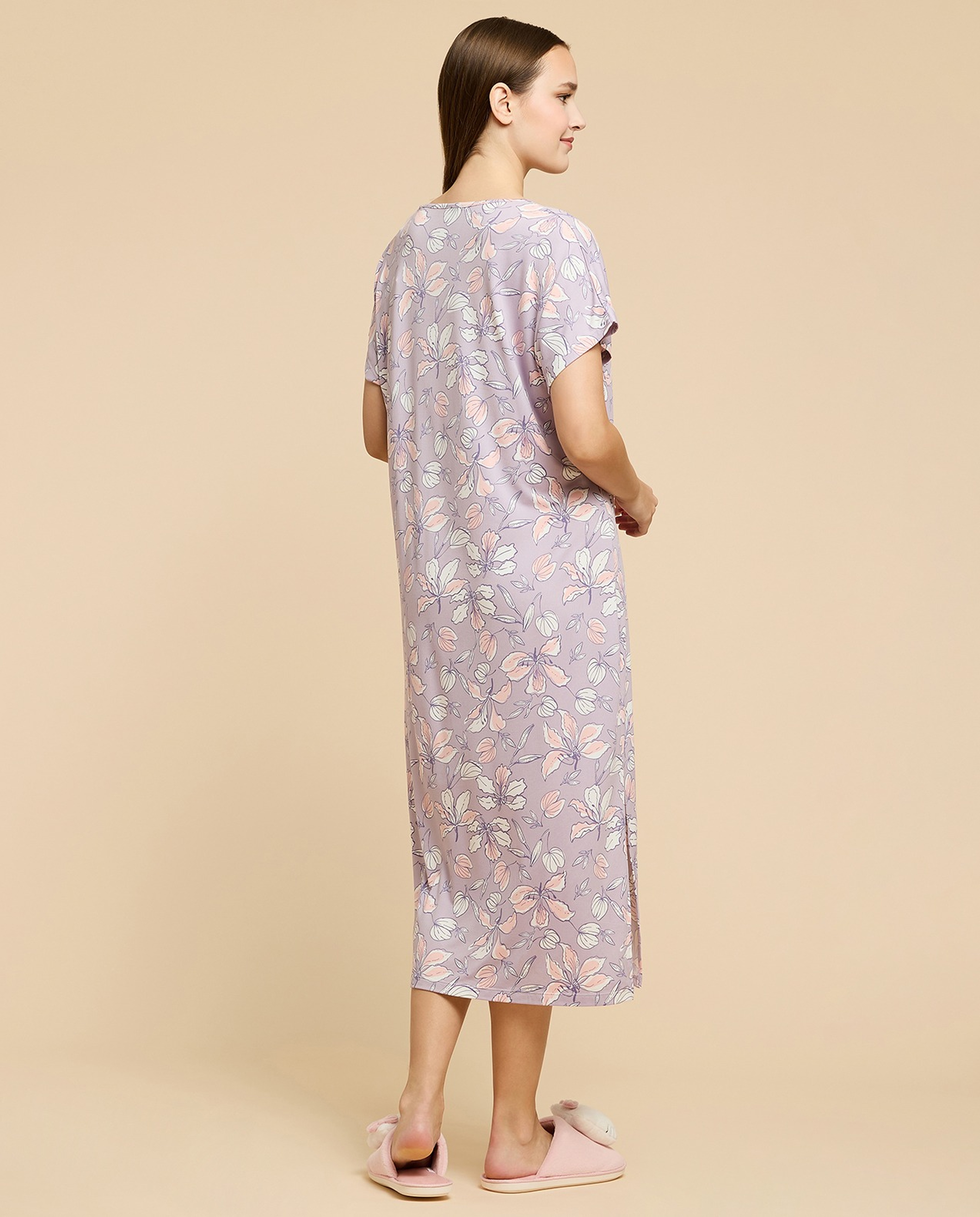 Printed Nightdress with V-Neck and Short Sleeves