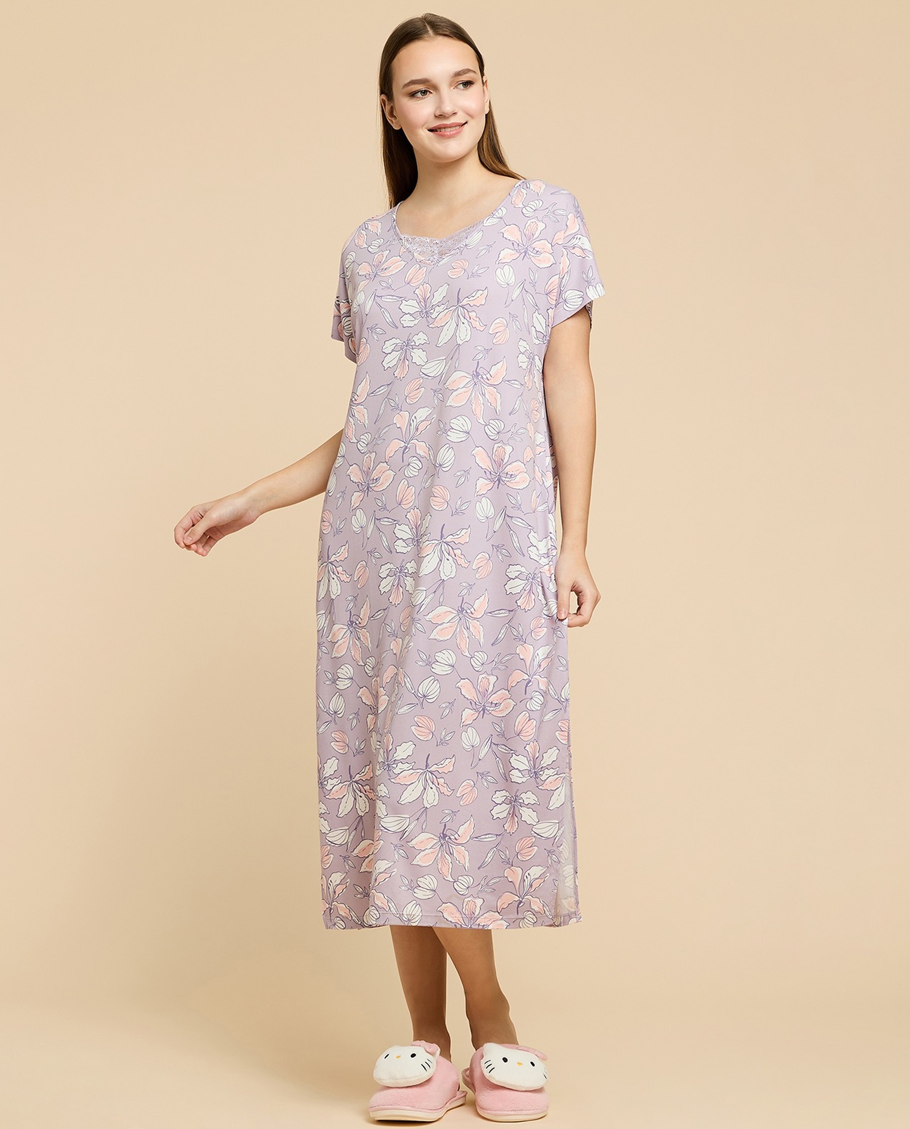 Printed Nightdress with V-Neck and Short Sleeves