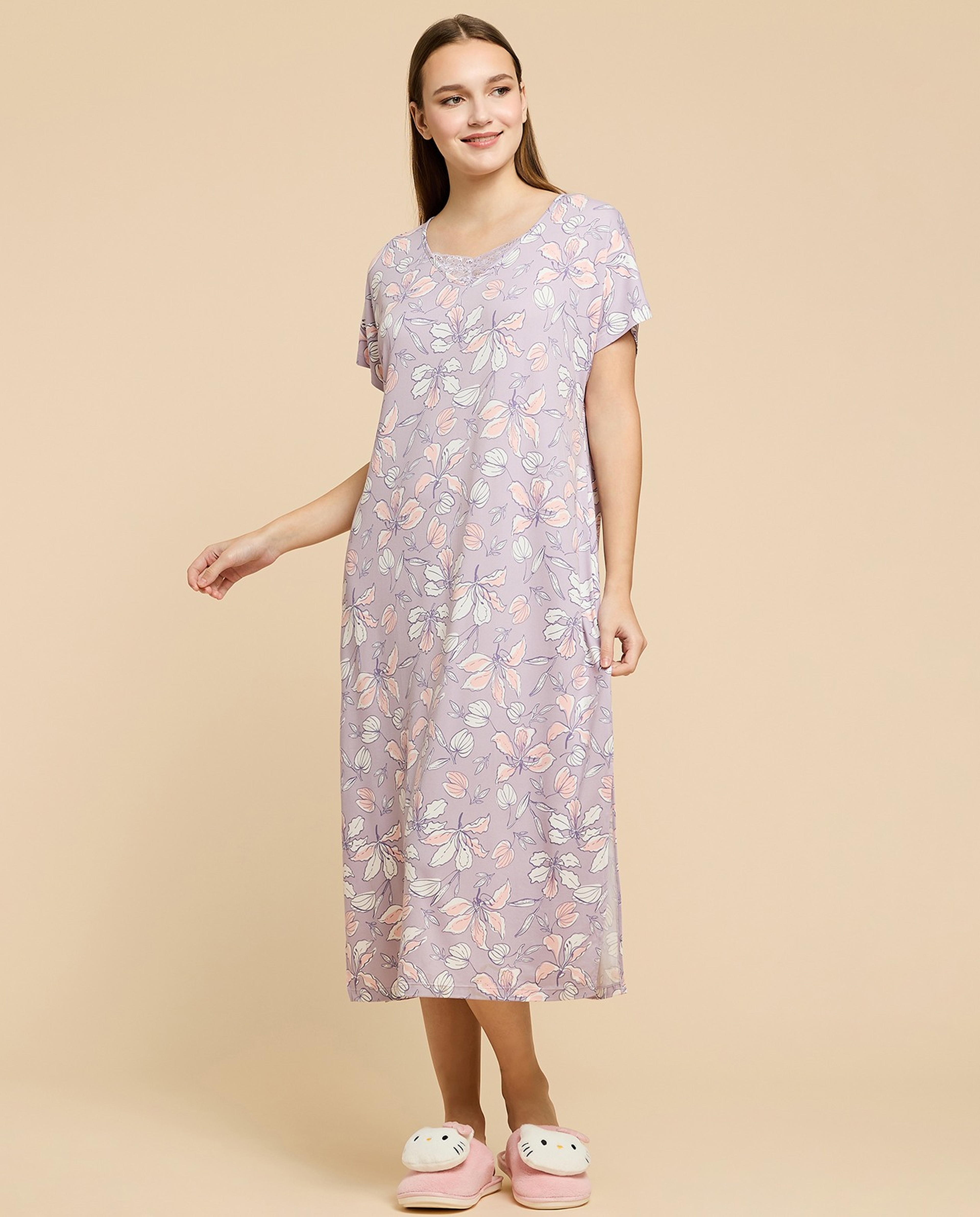 Printed Nightdress with V-Neck and Short Sleeves