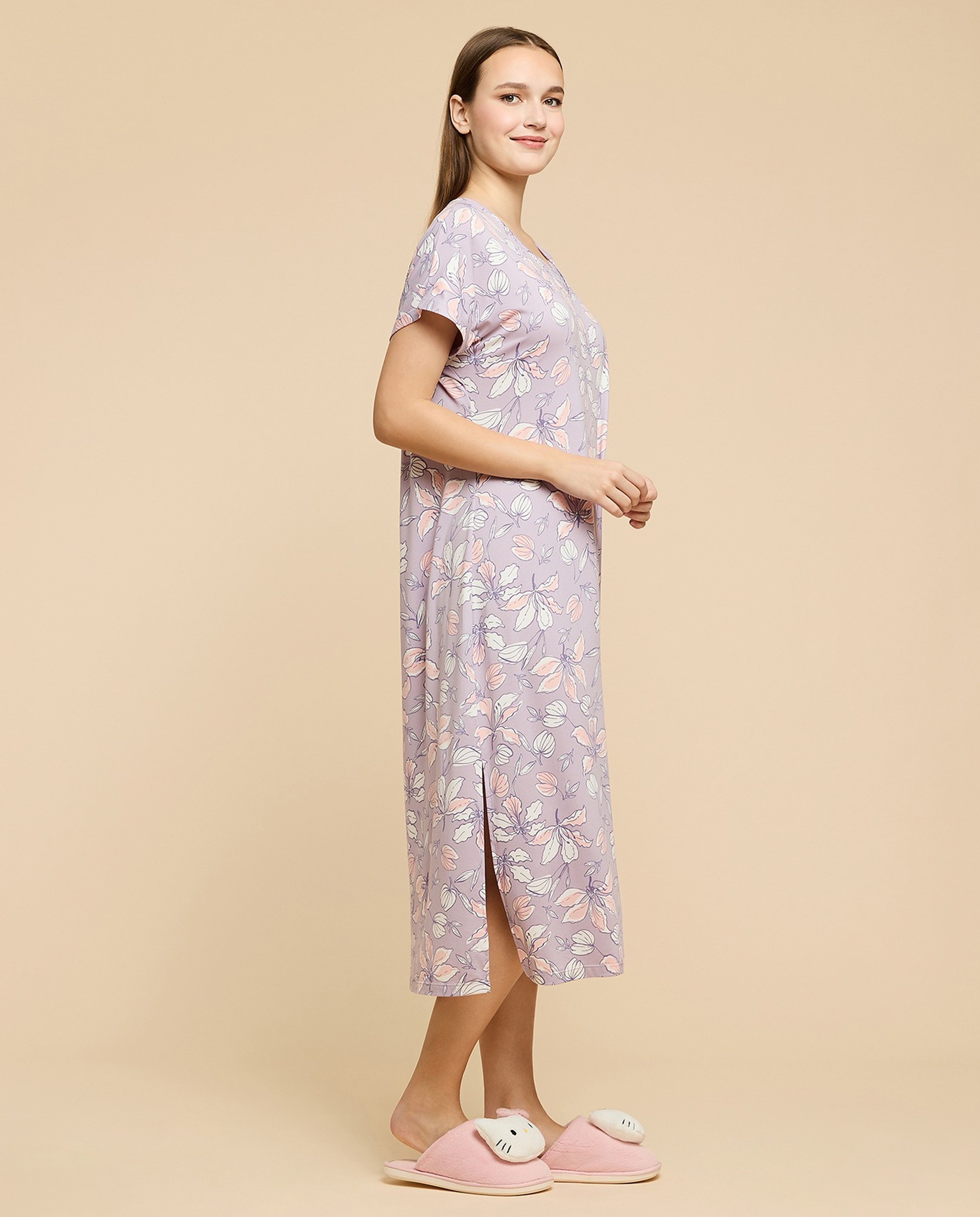 Printed Nightdress with V-Neck and Short Sleeves