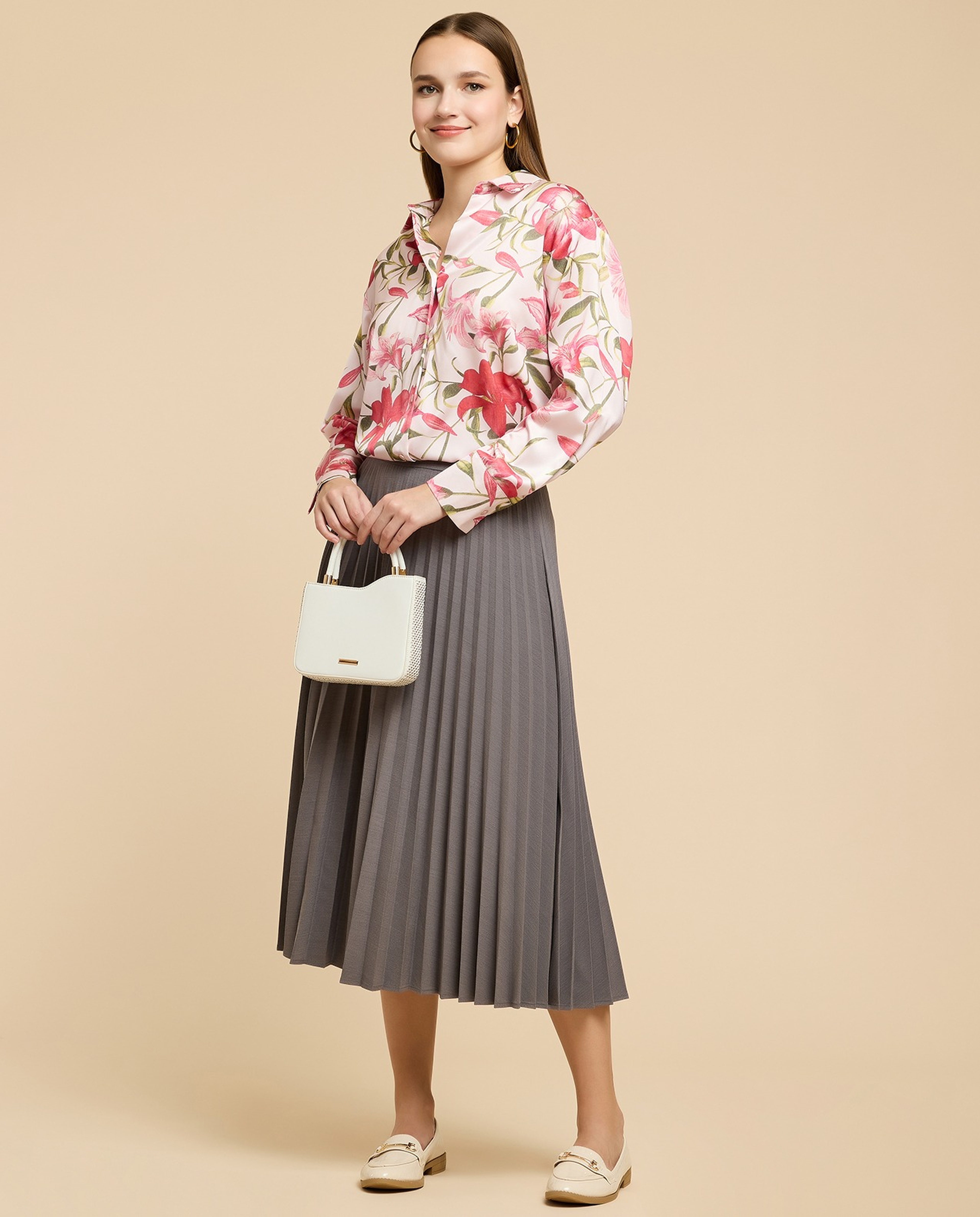 Pleated Midi Skirt with Elastic Waist