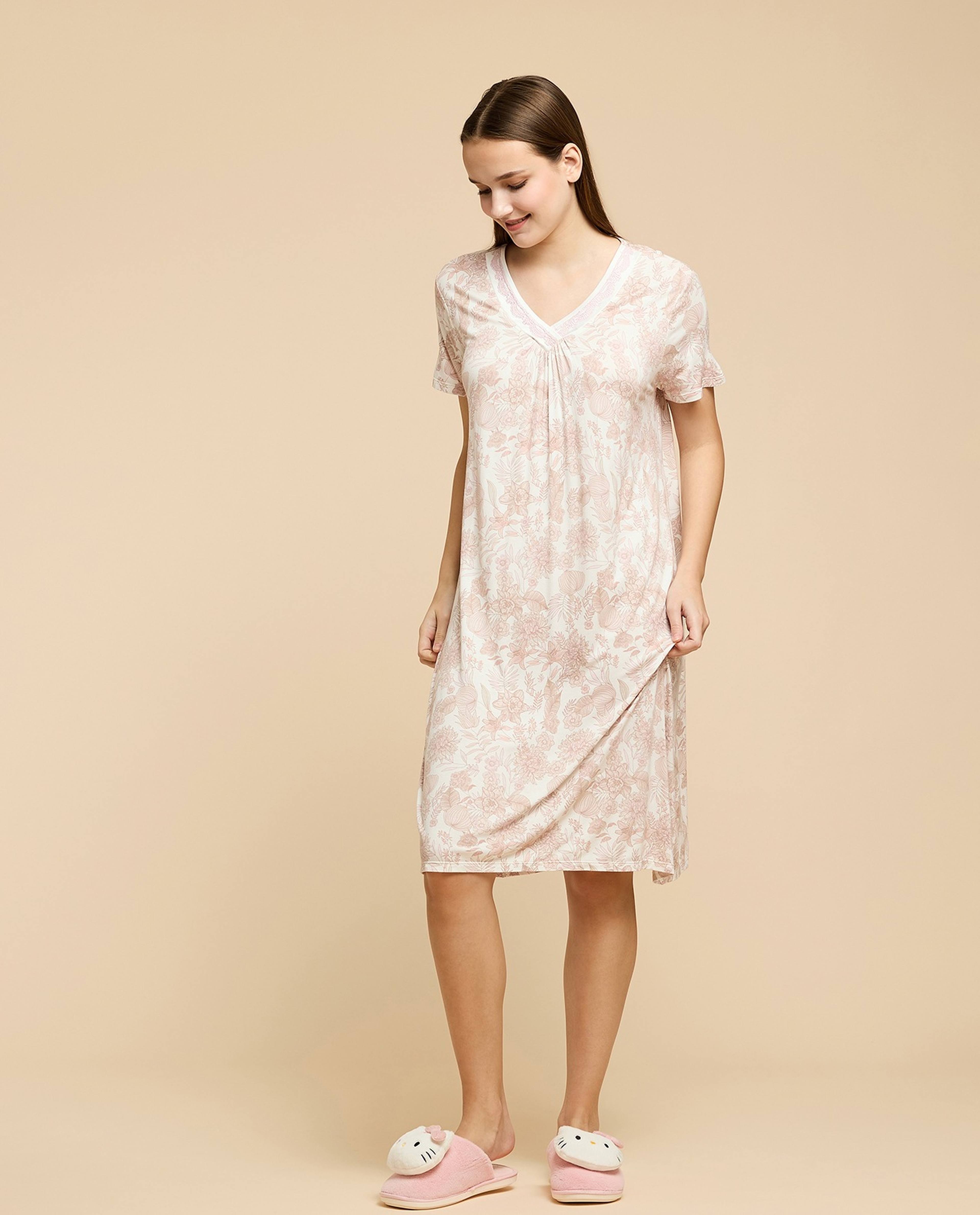 Printed Nightdress with V-Neck and Short Sleeves