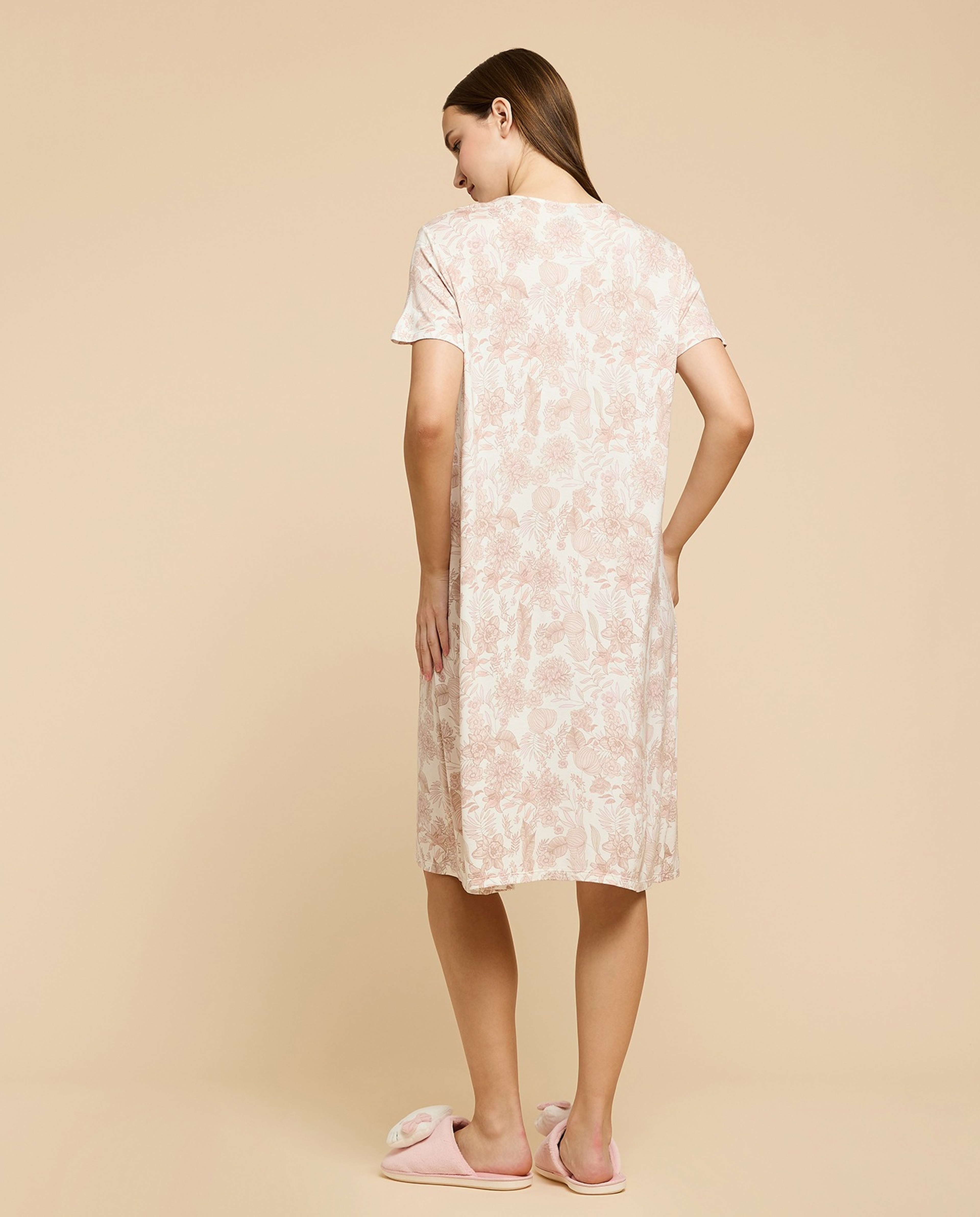 Printed Nightdress with V-Neck and Short Sleeves