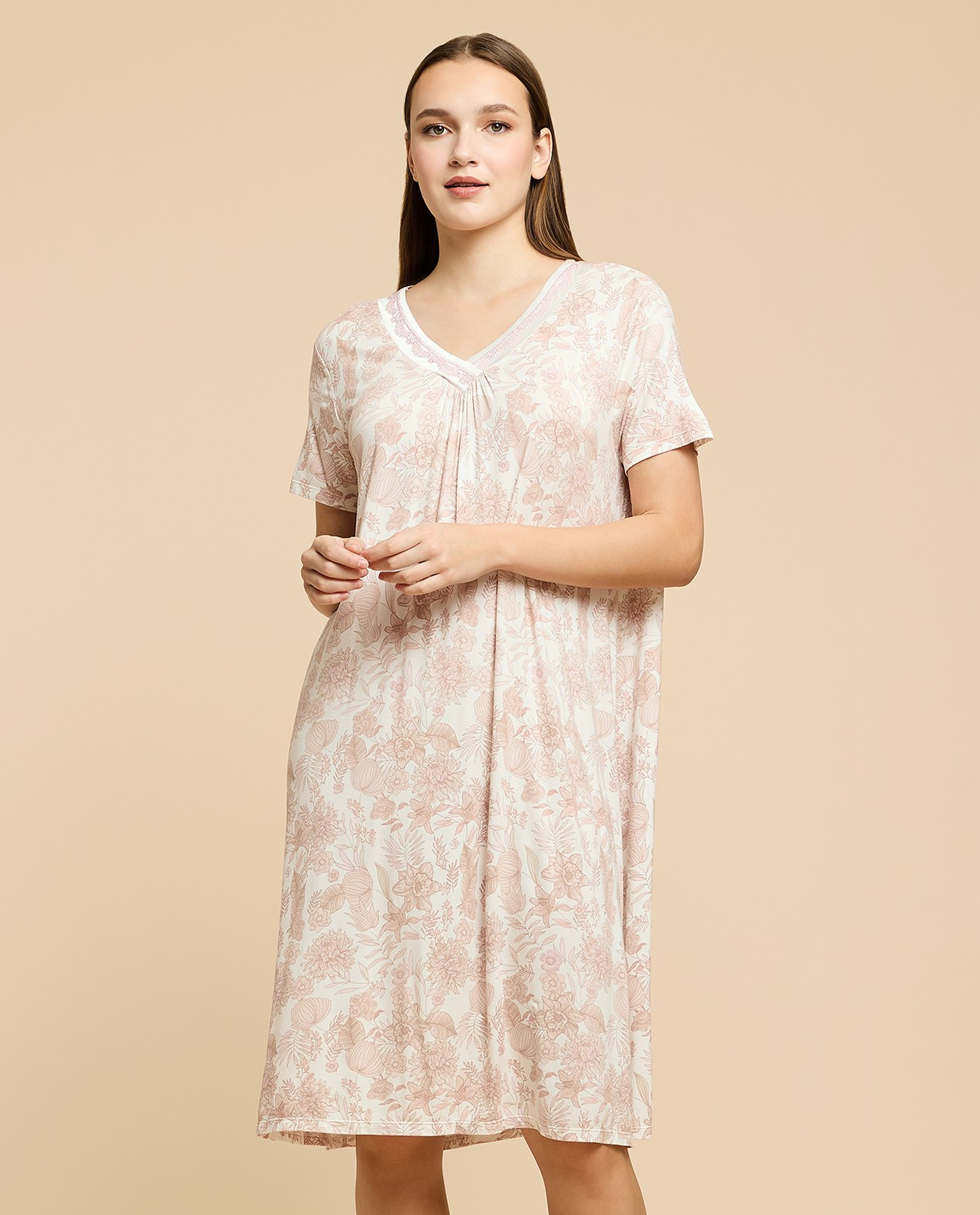 Printed Nightdress with V-Neck and Short Sleeves