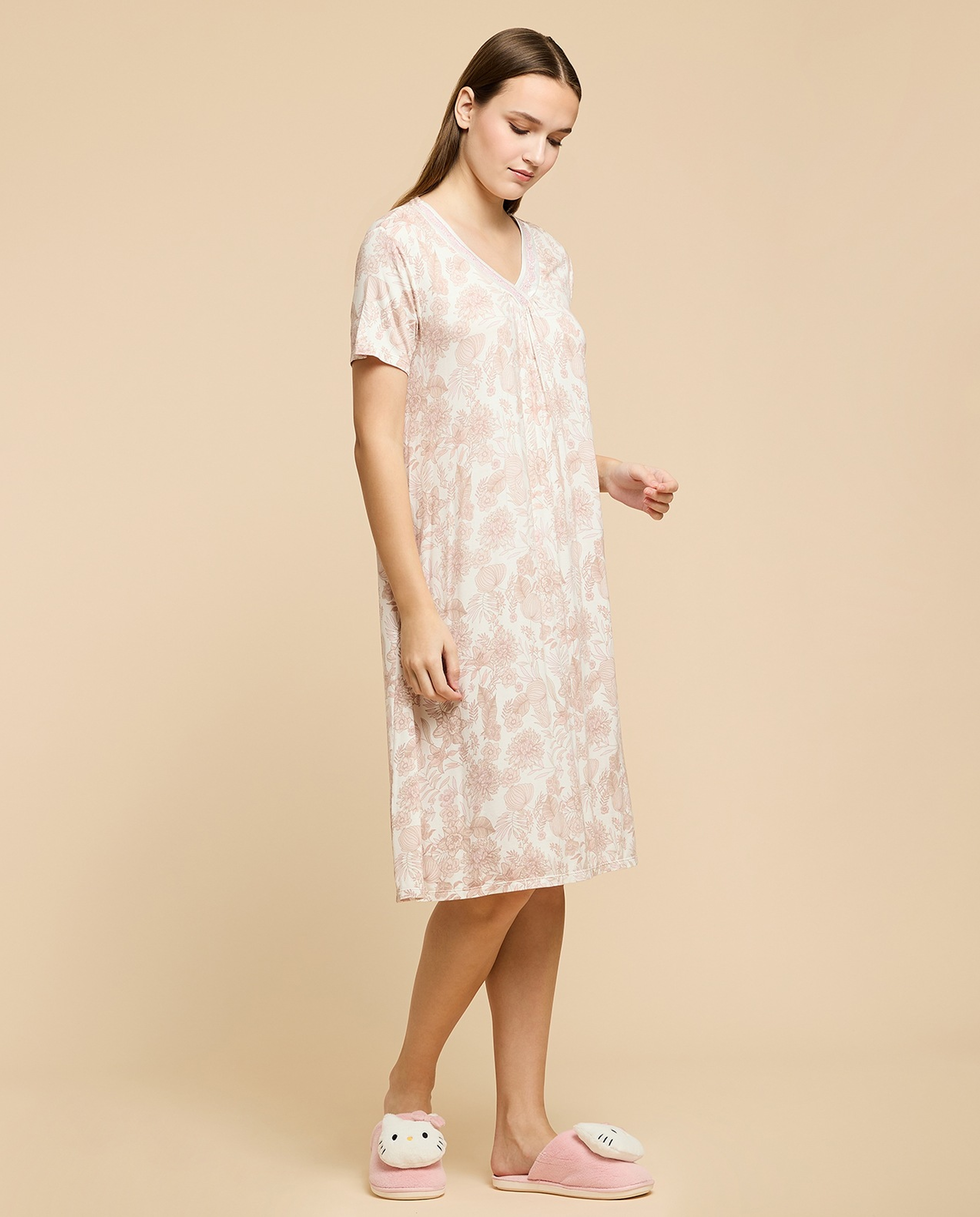 Printed Nightdress with V-Neck and Short Sleeves