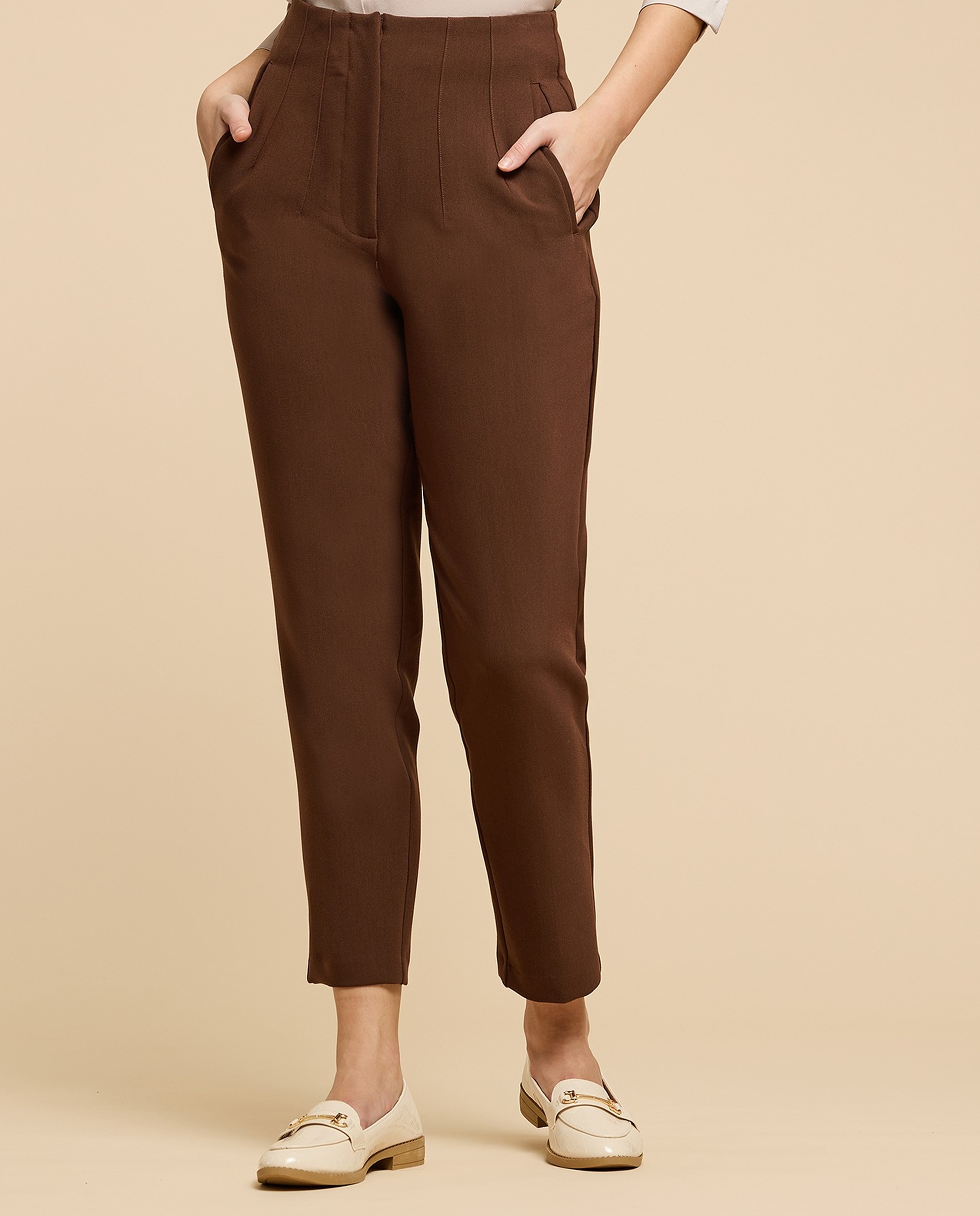 Pintuck Tapered Fit Trousers with Zipper Closure