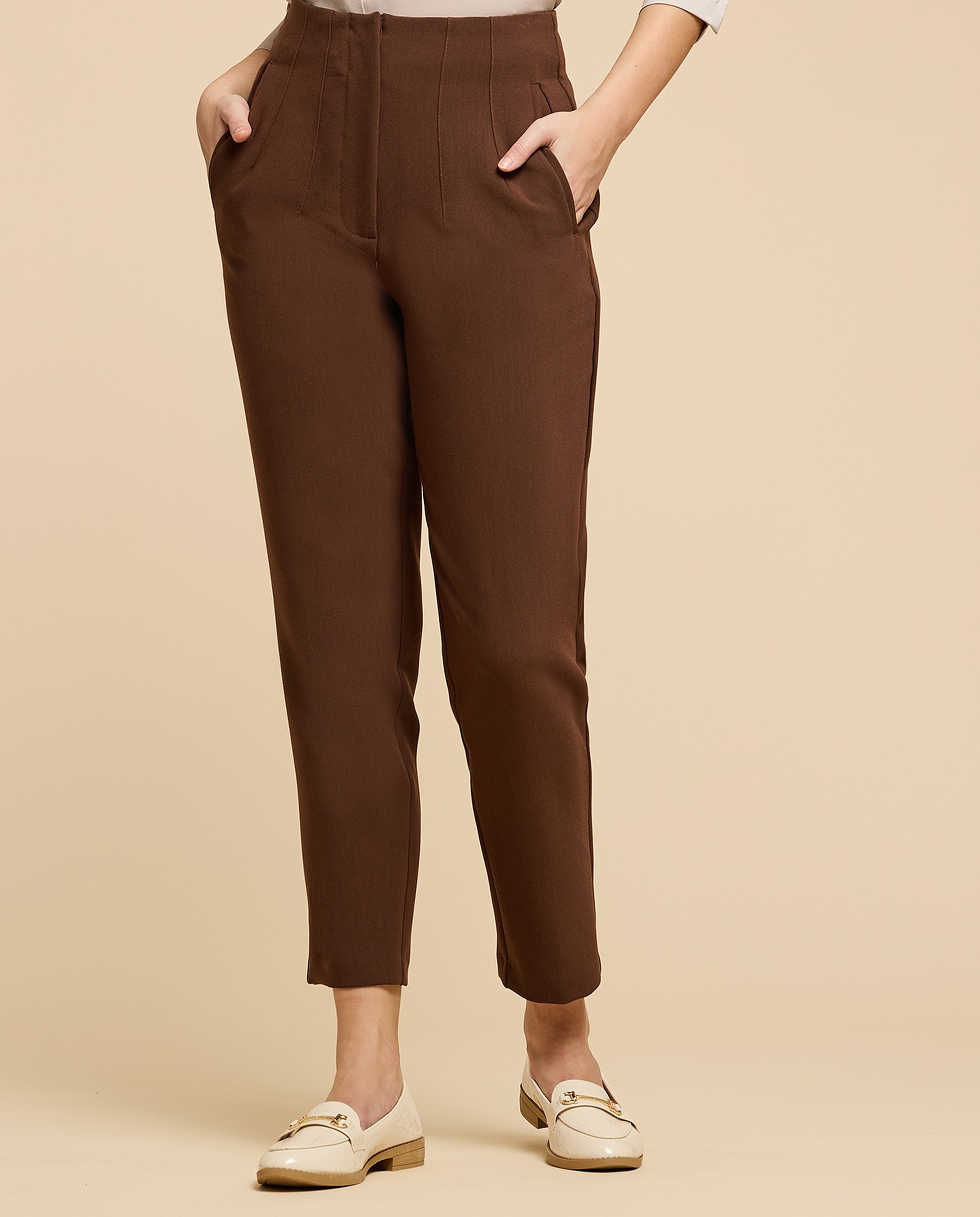 Pintuck Tapered Fit Trousers with Zipper Closure
