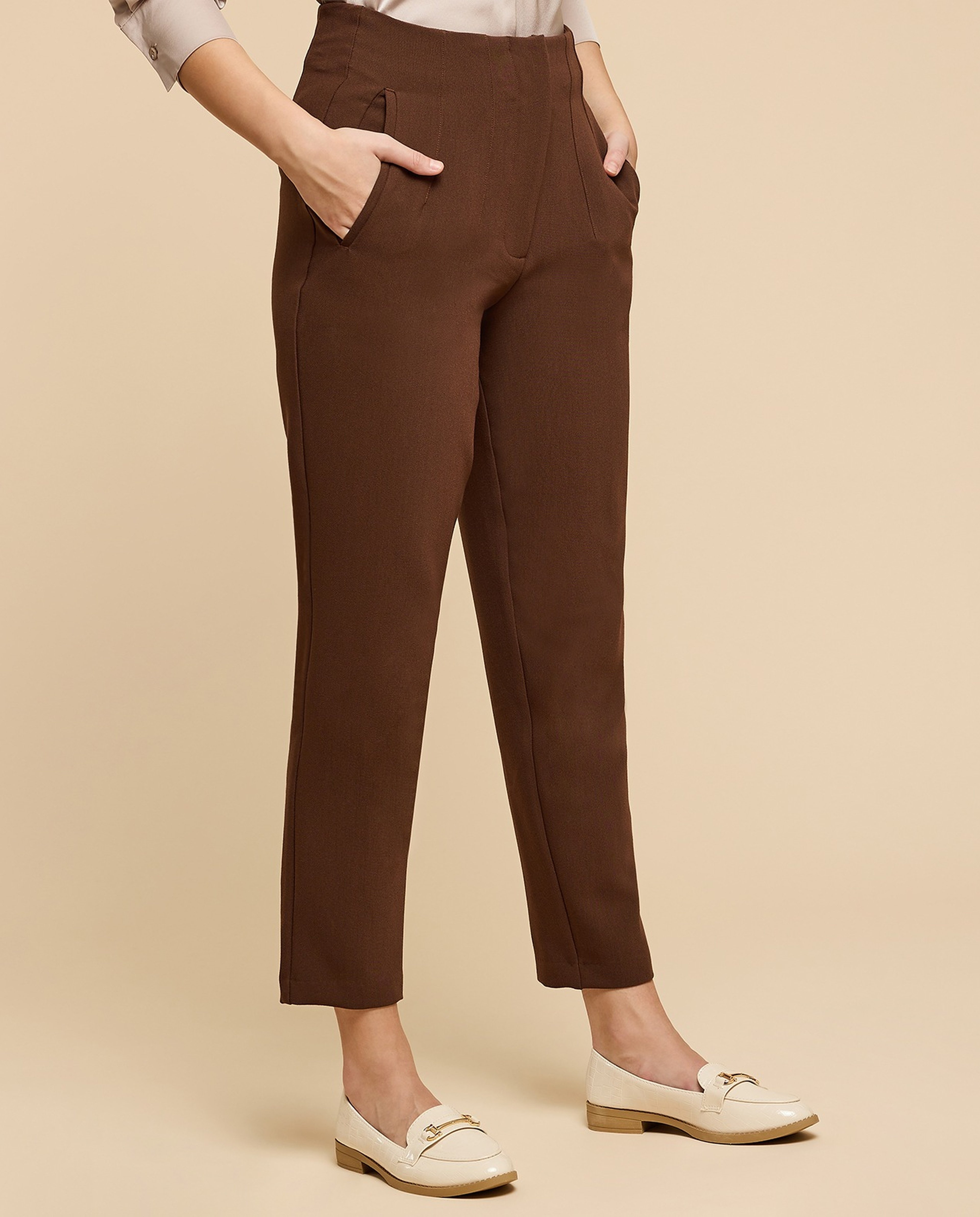 Pintuck Tapered Fit Trousers with Zipper Closure