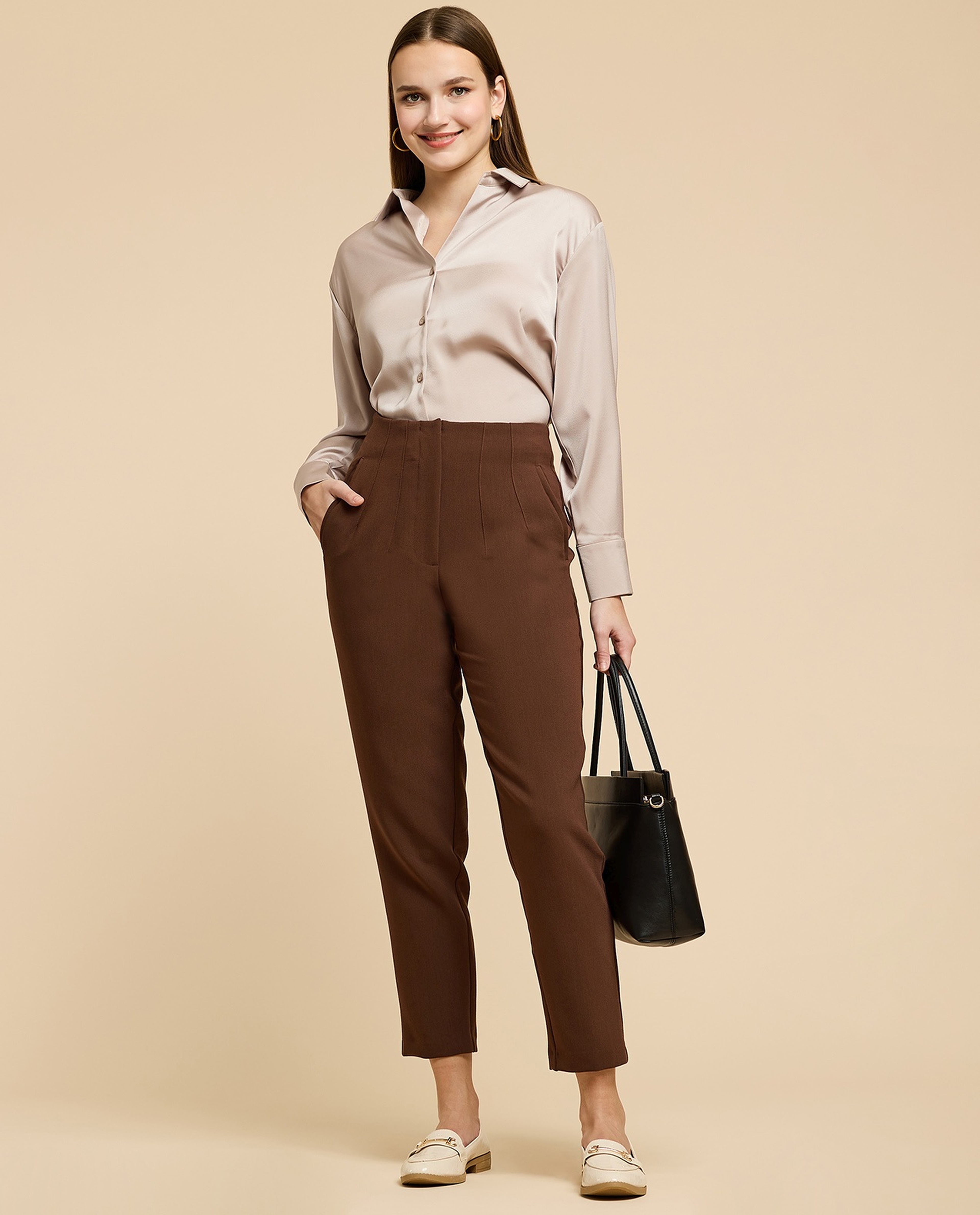 Pintuck Tapered Fit Trousers with Zipper Closure