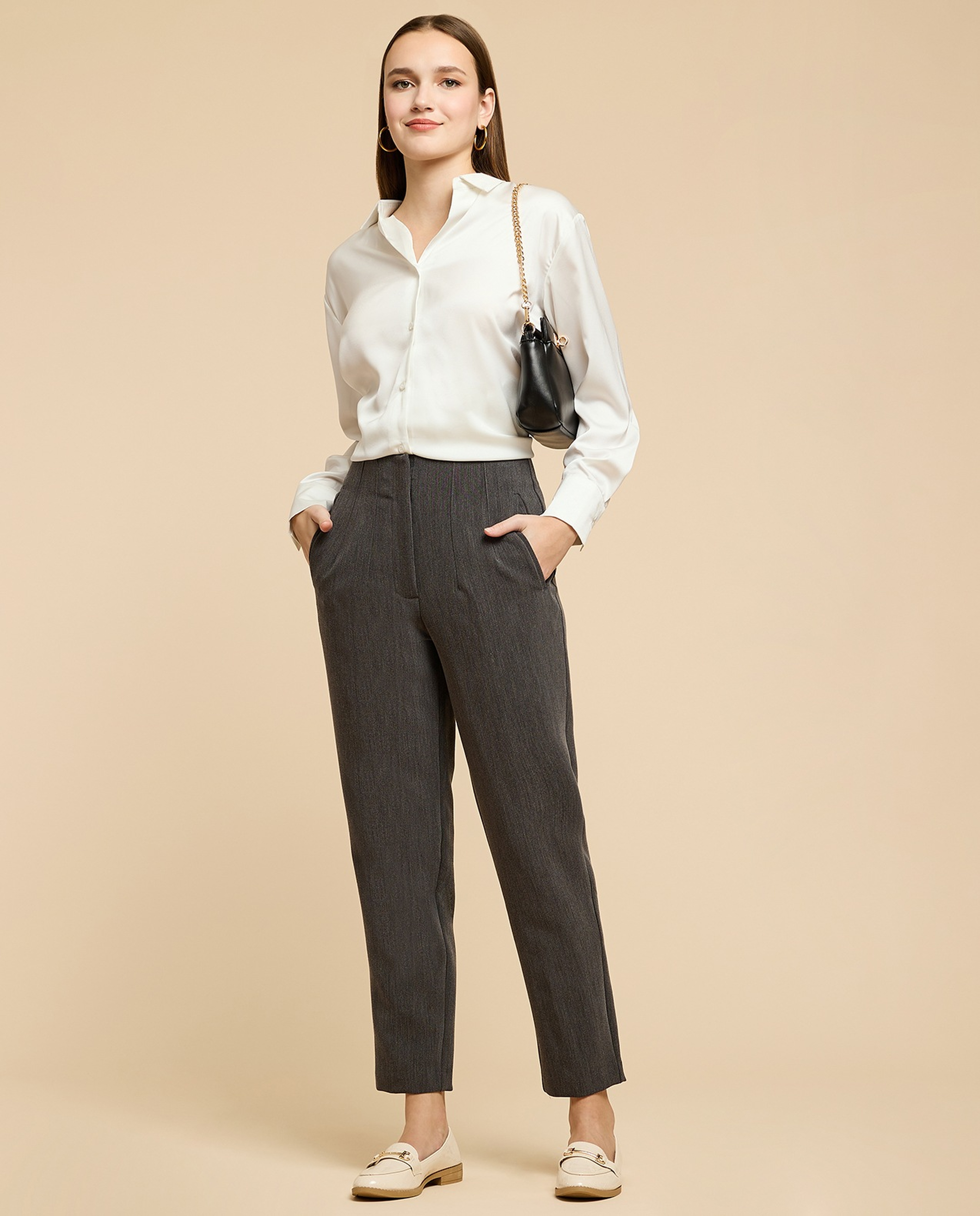 Pintuck Tapered Fit Trousers with Zipper Closure