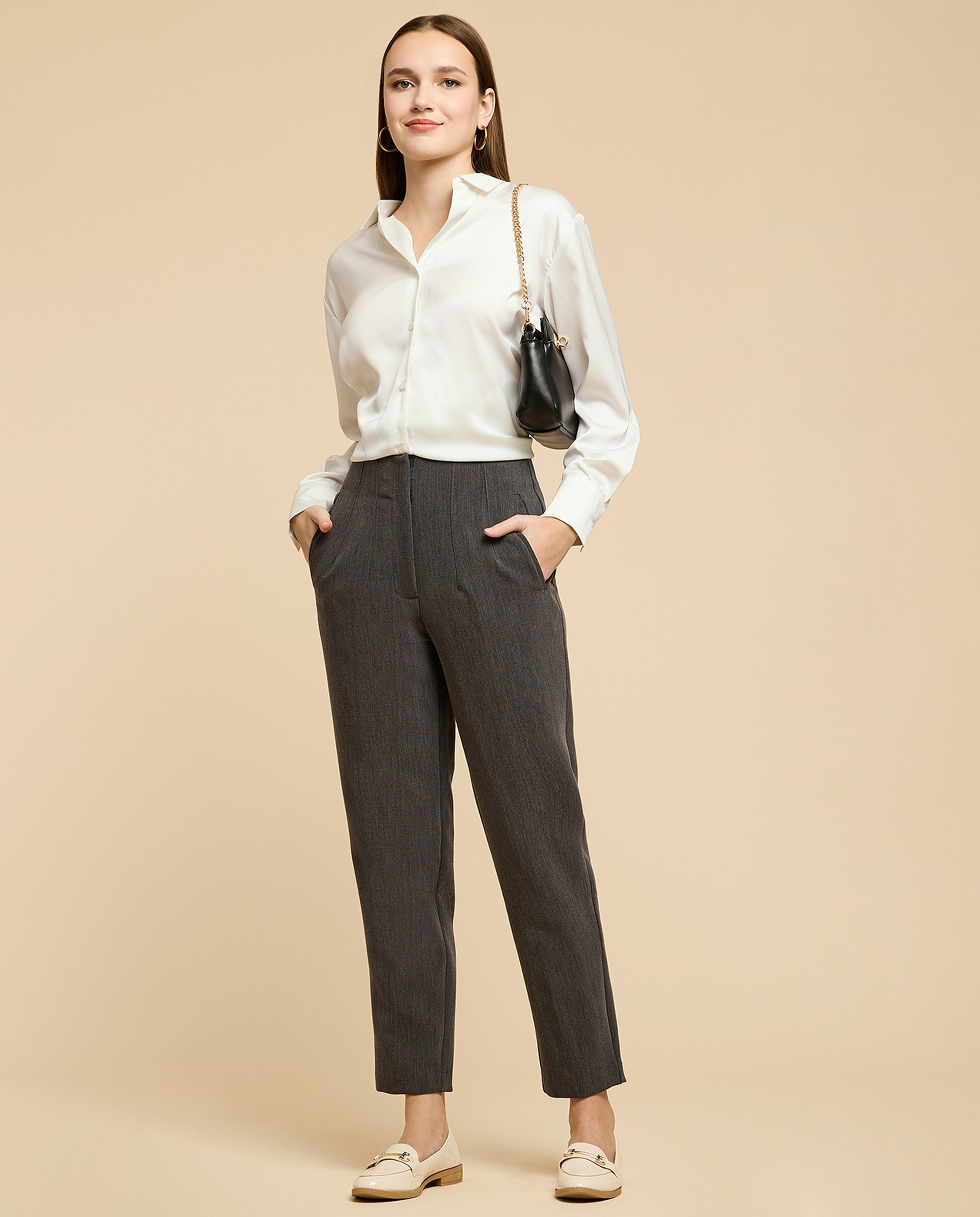 Pintuck Tapered Fit Trousers with Zipper Closure