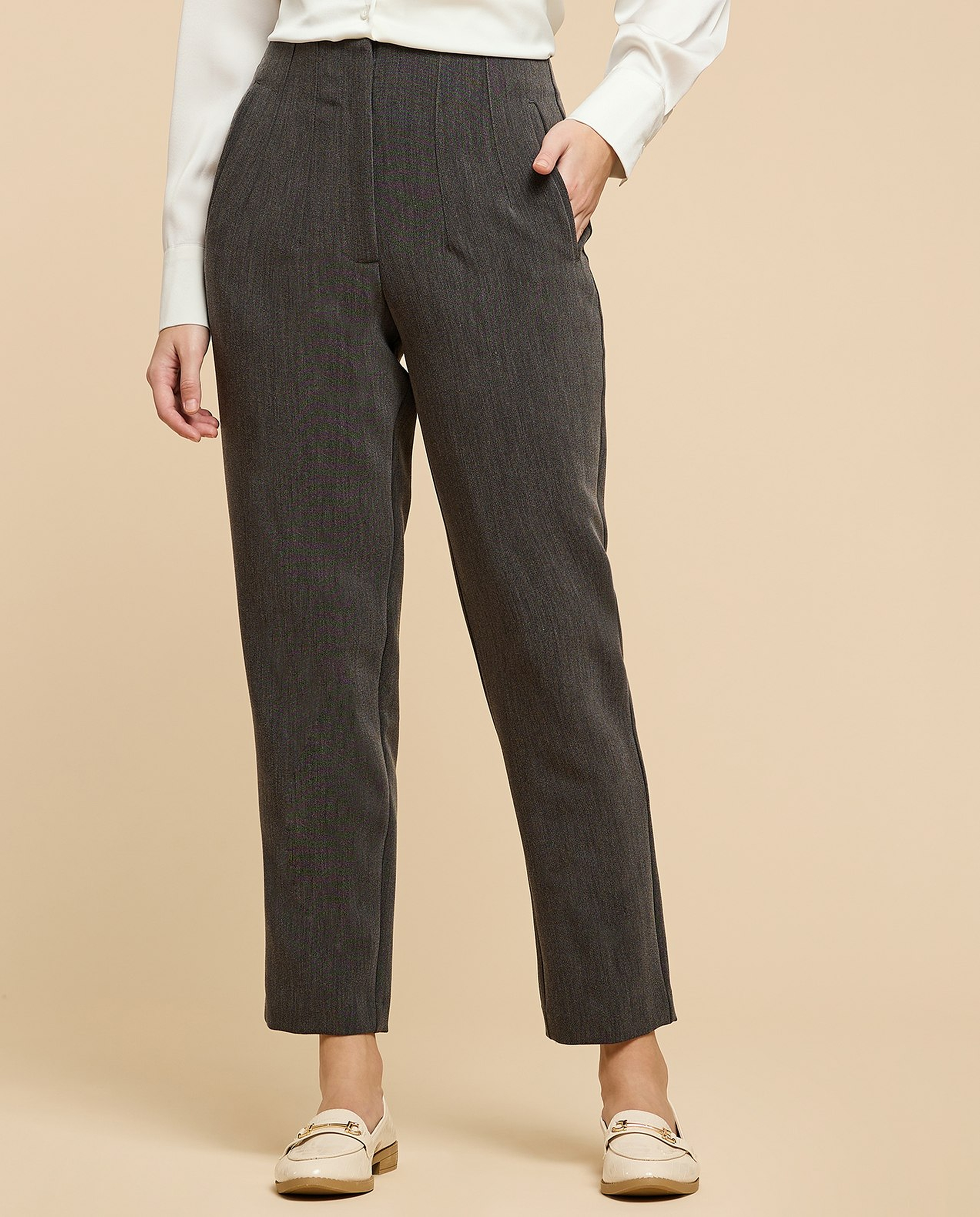 Pintuck Tapered Fit Trousers with Zipper Closure