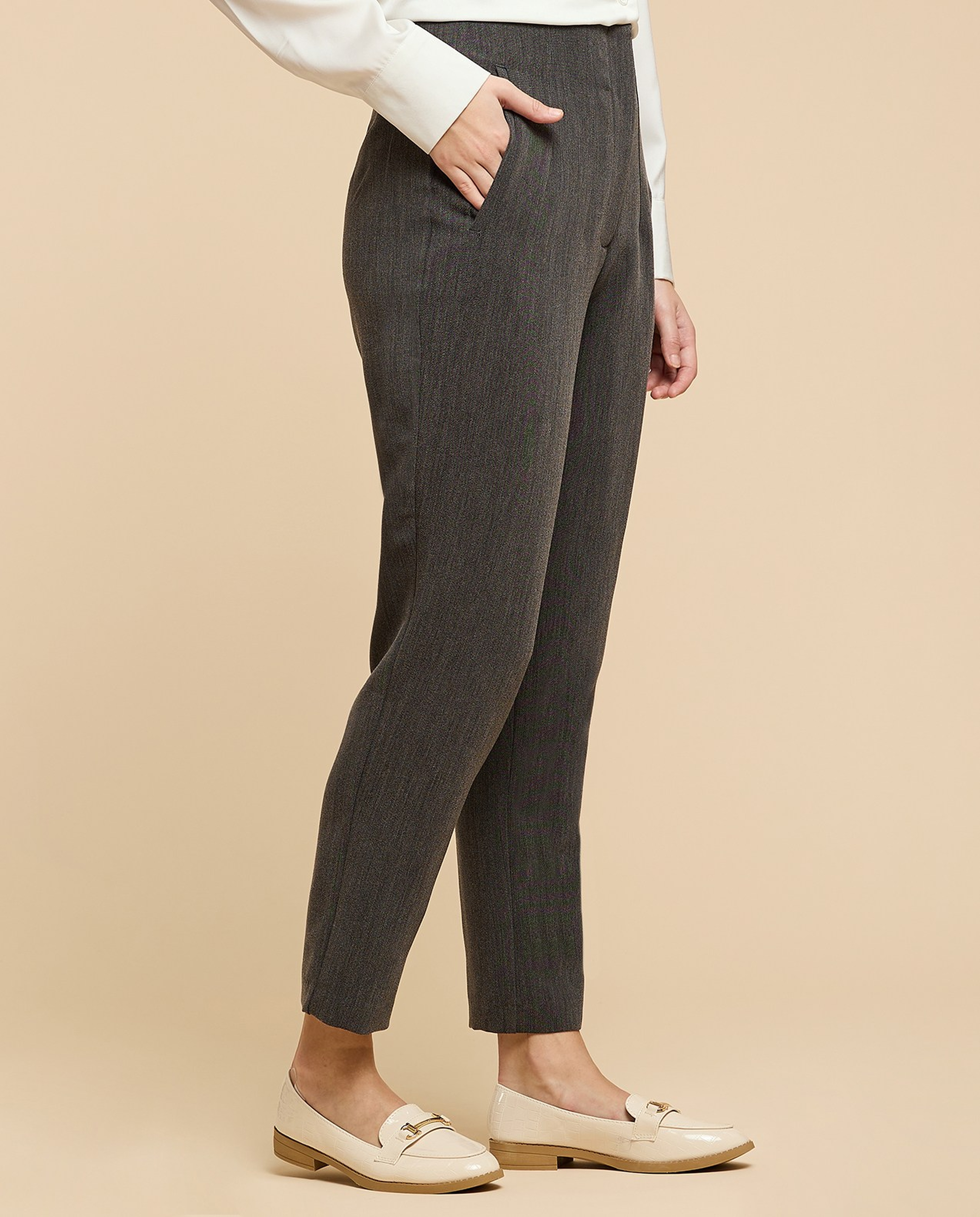 Pintuck Tapered Fit Trousers with Zipper Closure