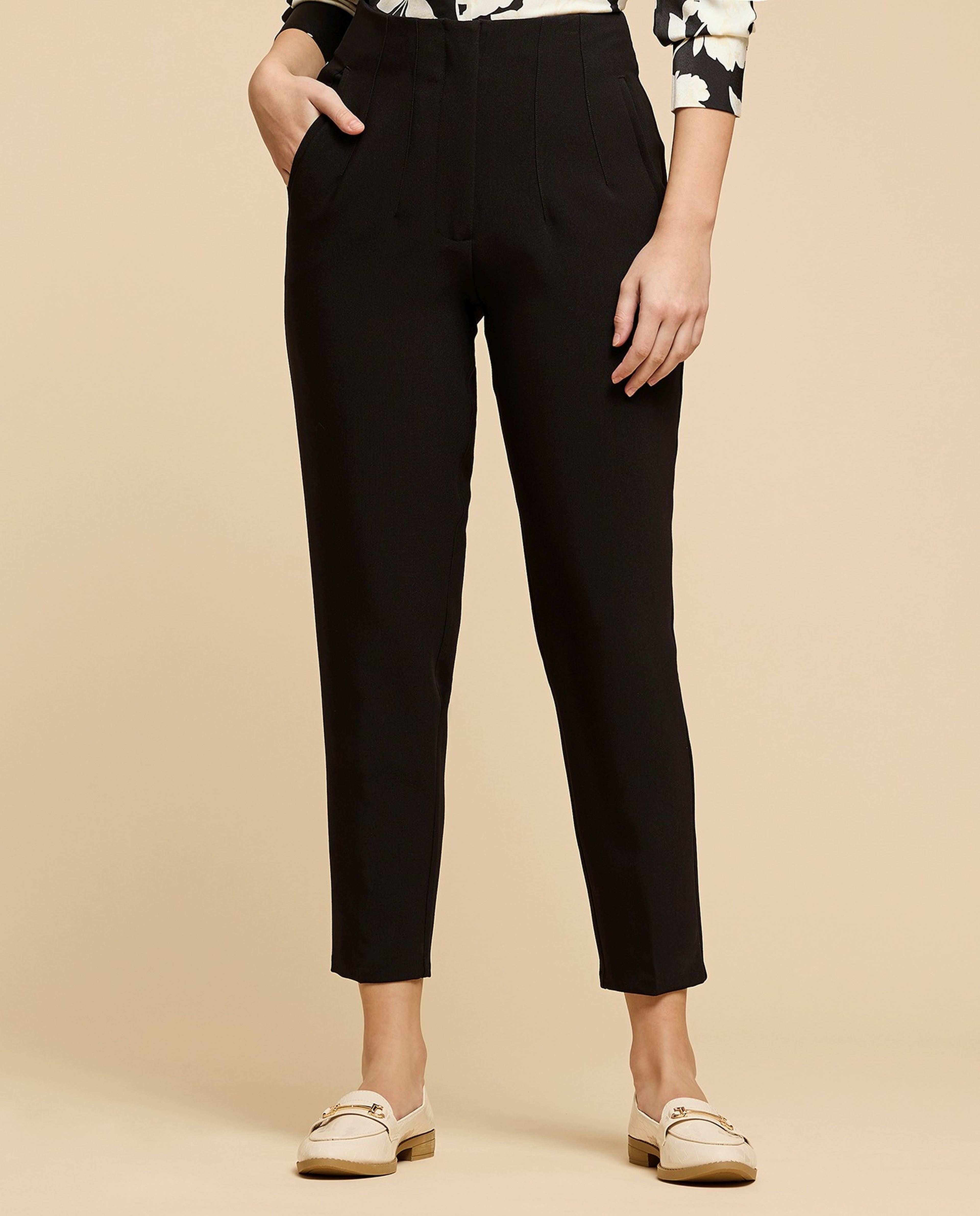 Pintuck Tapered Fit Trousers with Zipper Closure