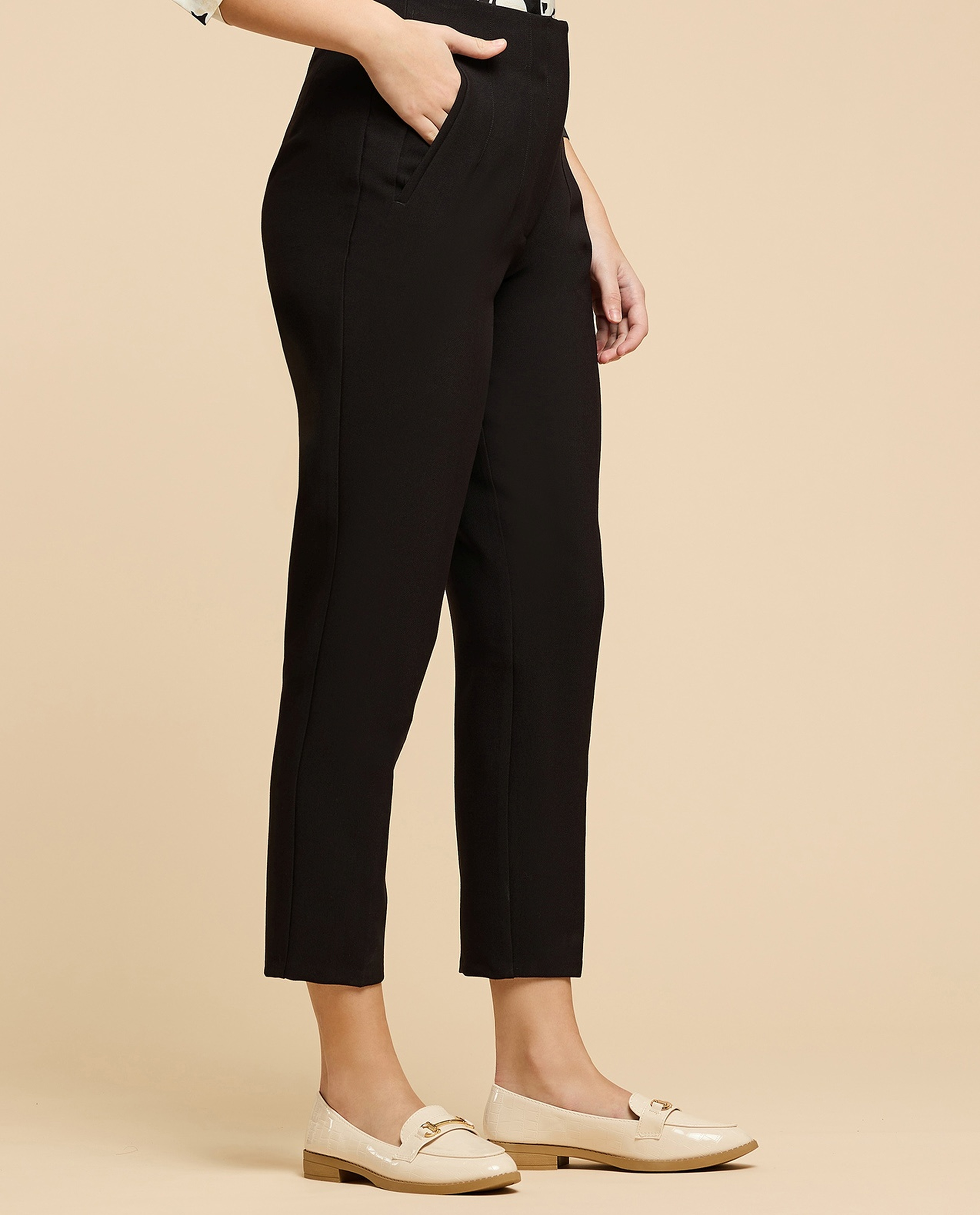Pintuck Tapered Fit Trousers with Zipper Closure