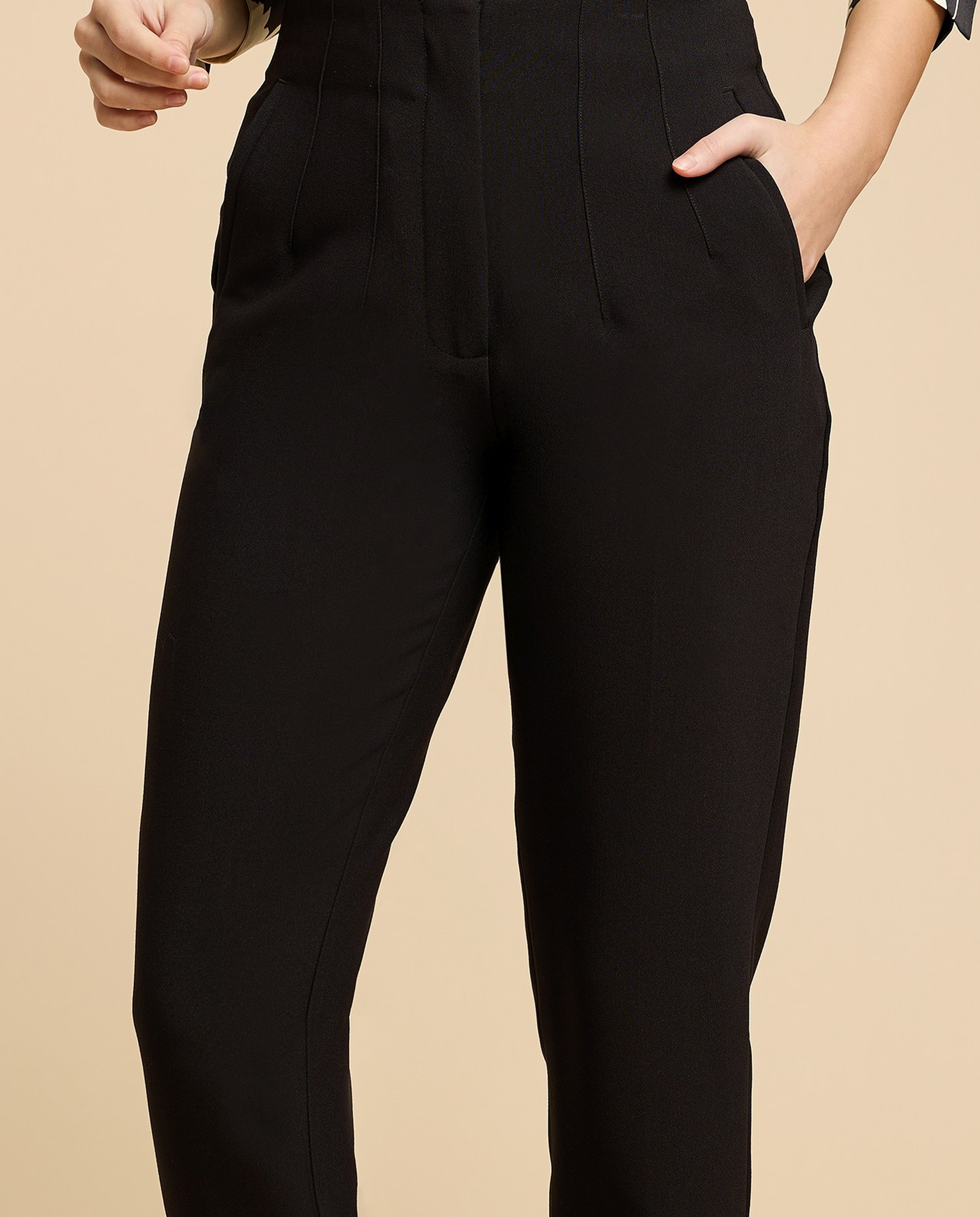 Pintuck Tapered Fit Trousers with Zipper Closure