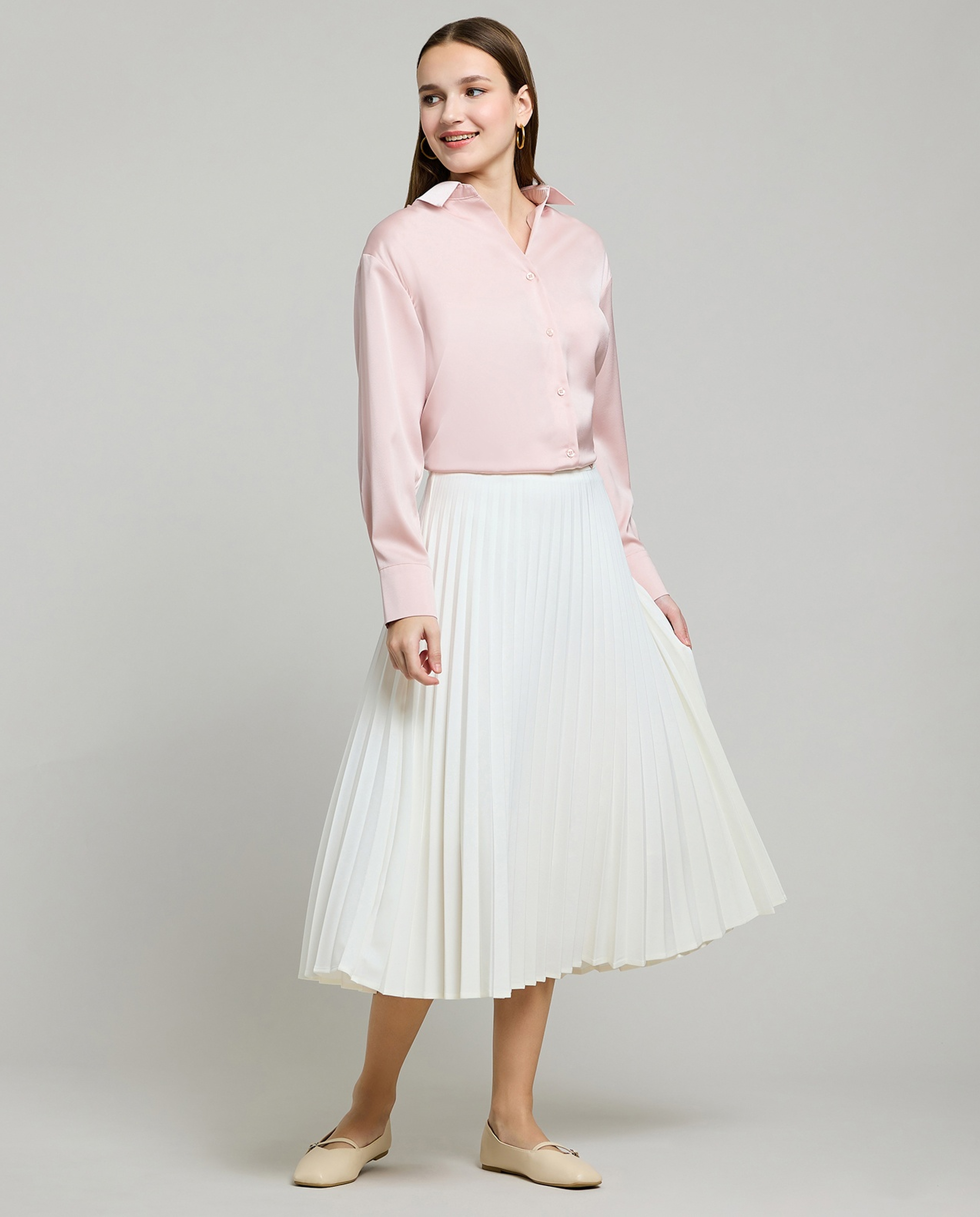 Pleated Midi Skirt with Elastic Waist