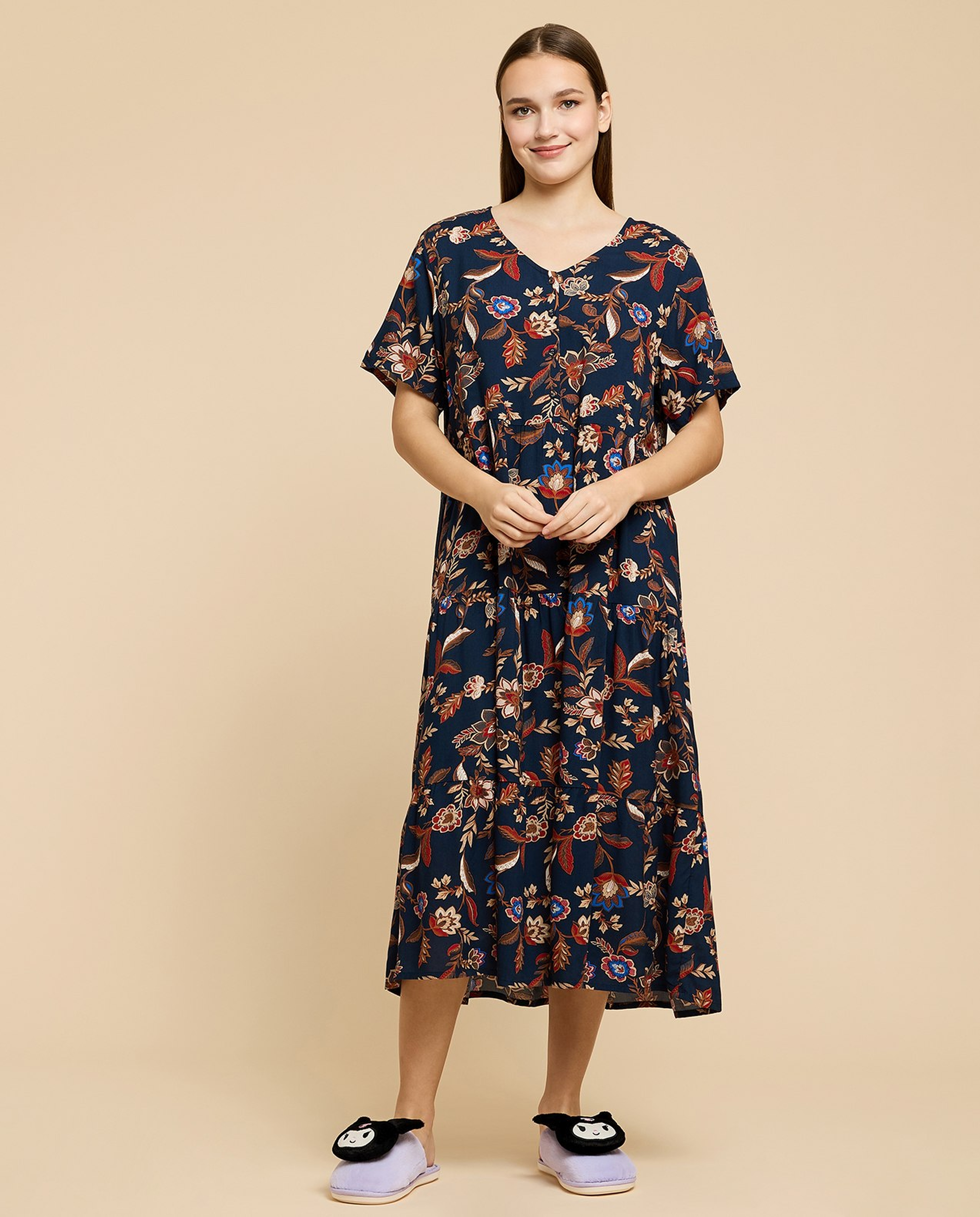 Printed Midi Dress with V-Neck and Short Sleeves