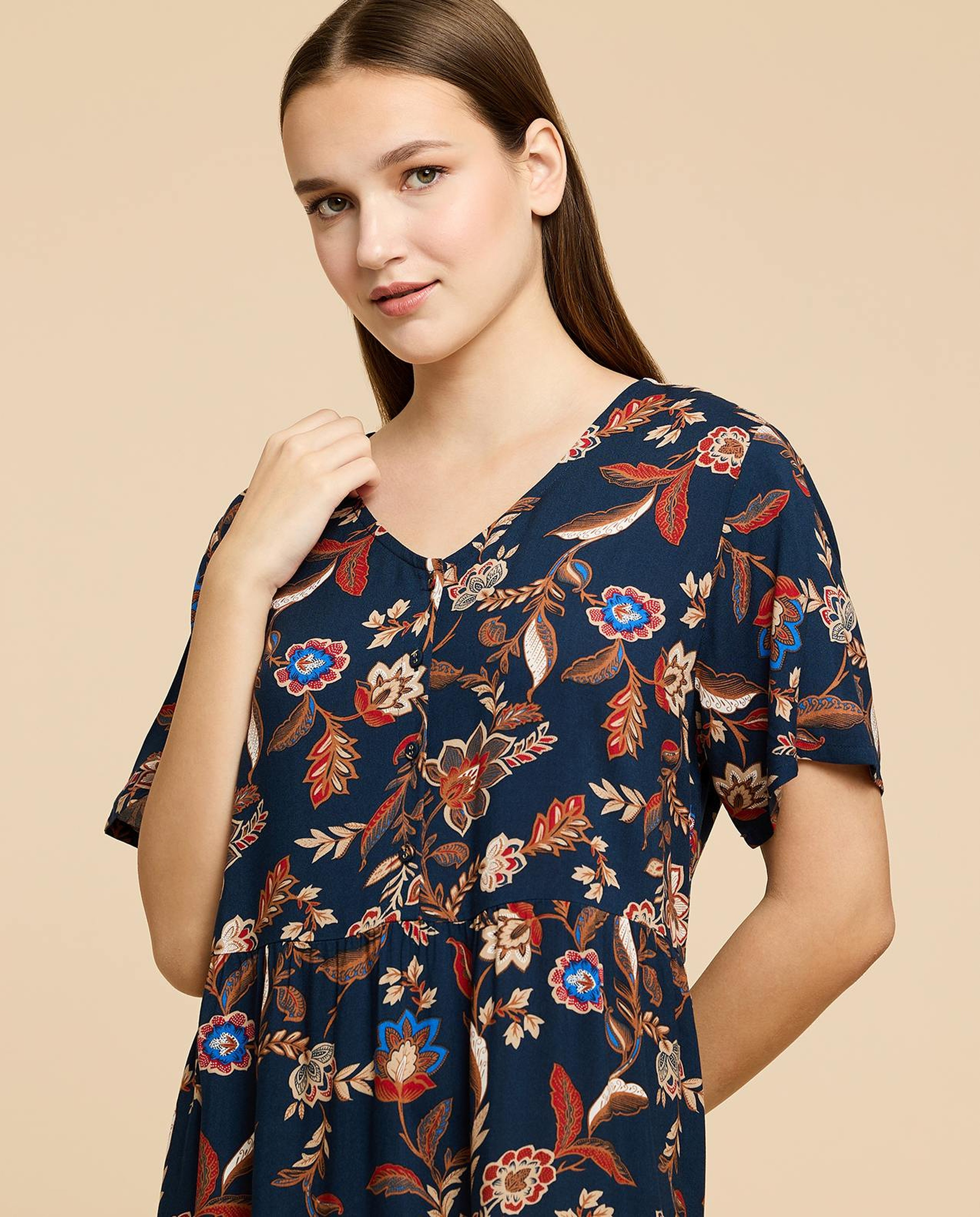 Printed Midi Dress with V-Neck and Short Sleeves
