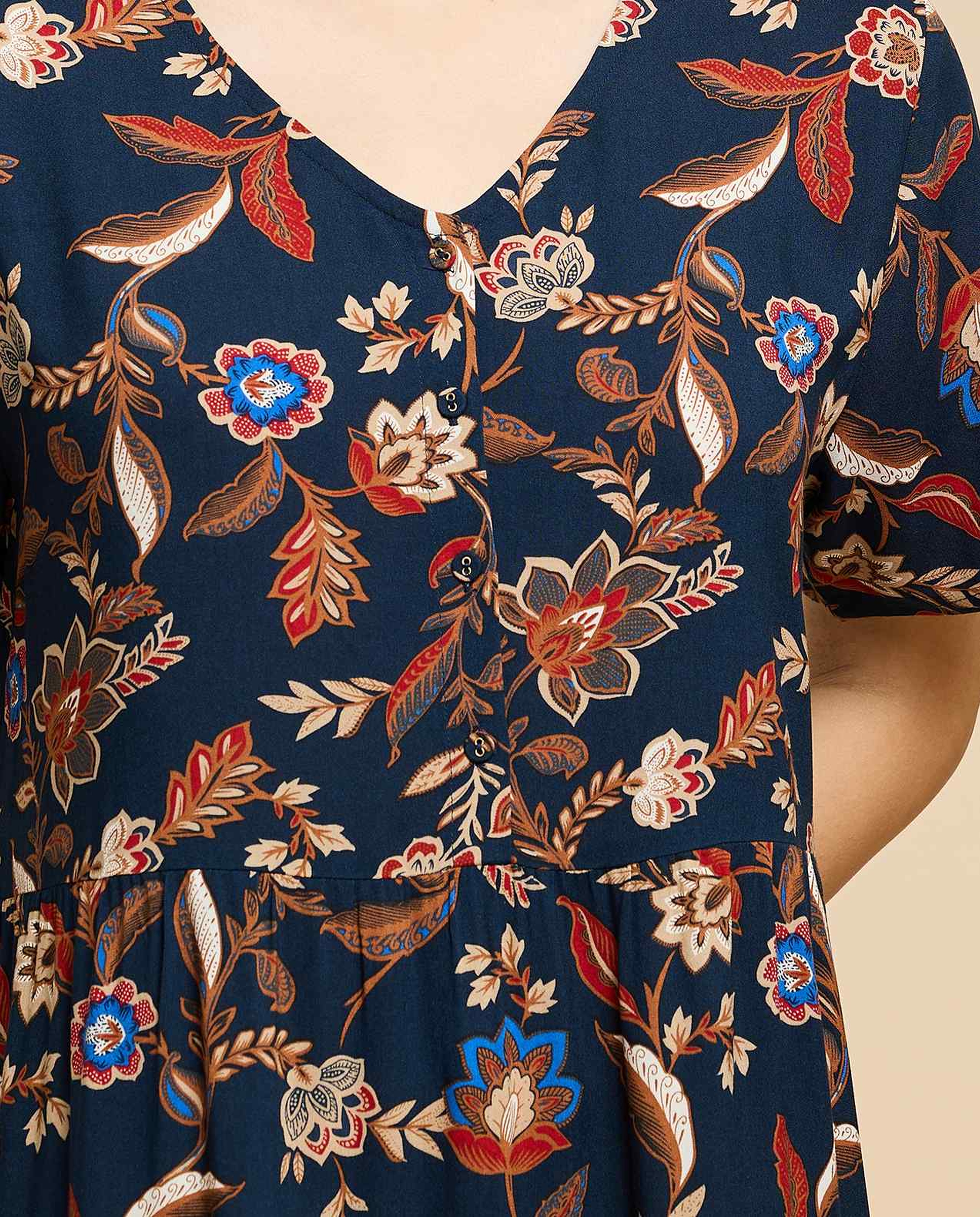 Printed Midi Dress with V-Neck and Short Sleeves