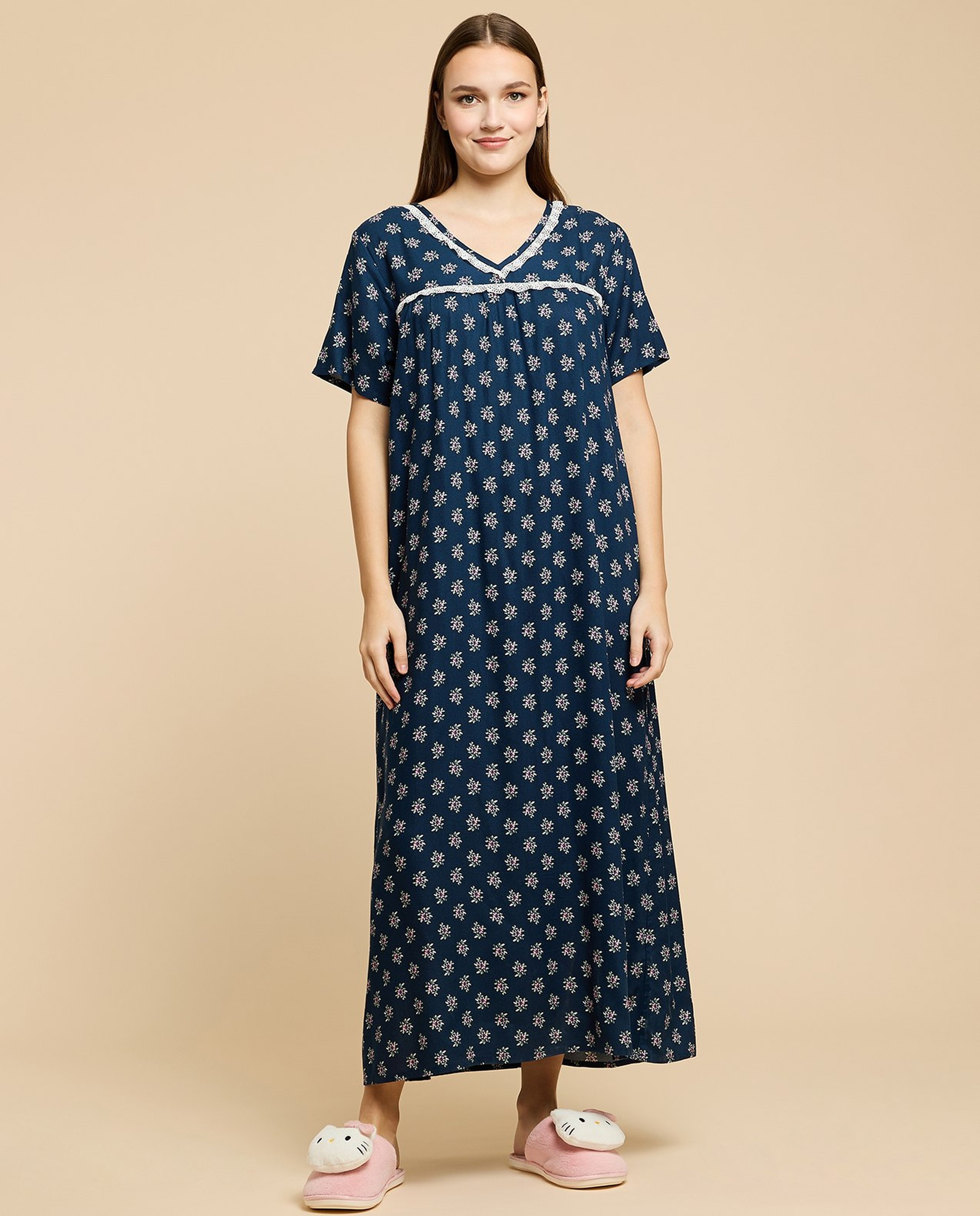 Printed Nightdress with V-Neck and Short Sleeves